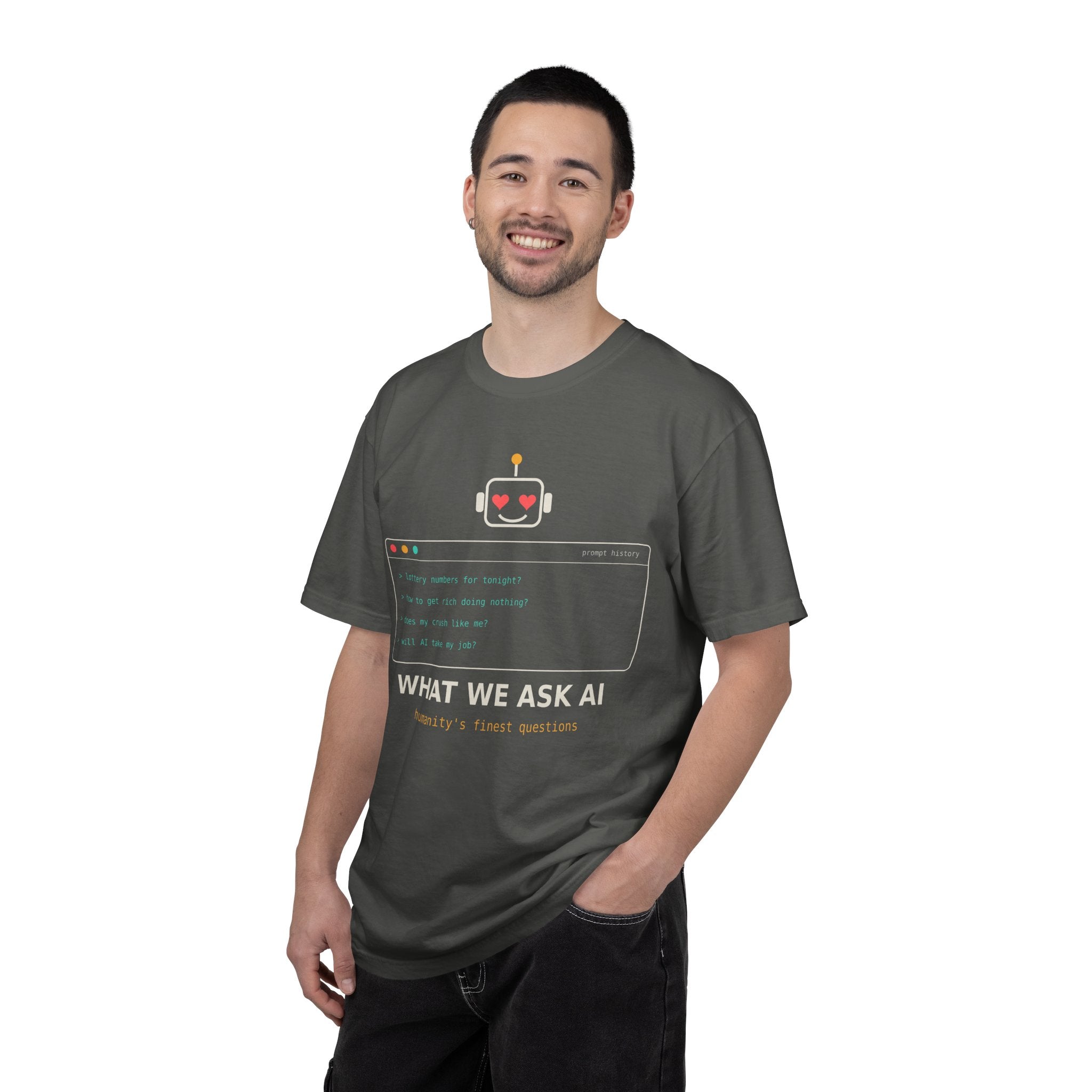 What We Ask AI Funny Meme T-Shirt, Lottery Numbers Crush Questions Tee, AI Humor Shirt, Programmer Nerd Gift, Tech Lover Gift for Coders