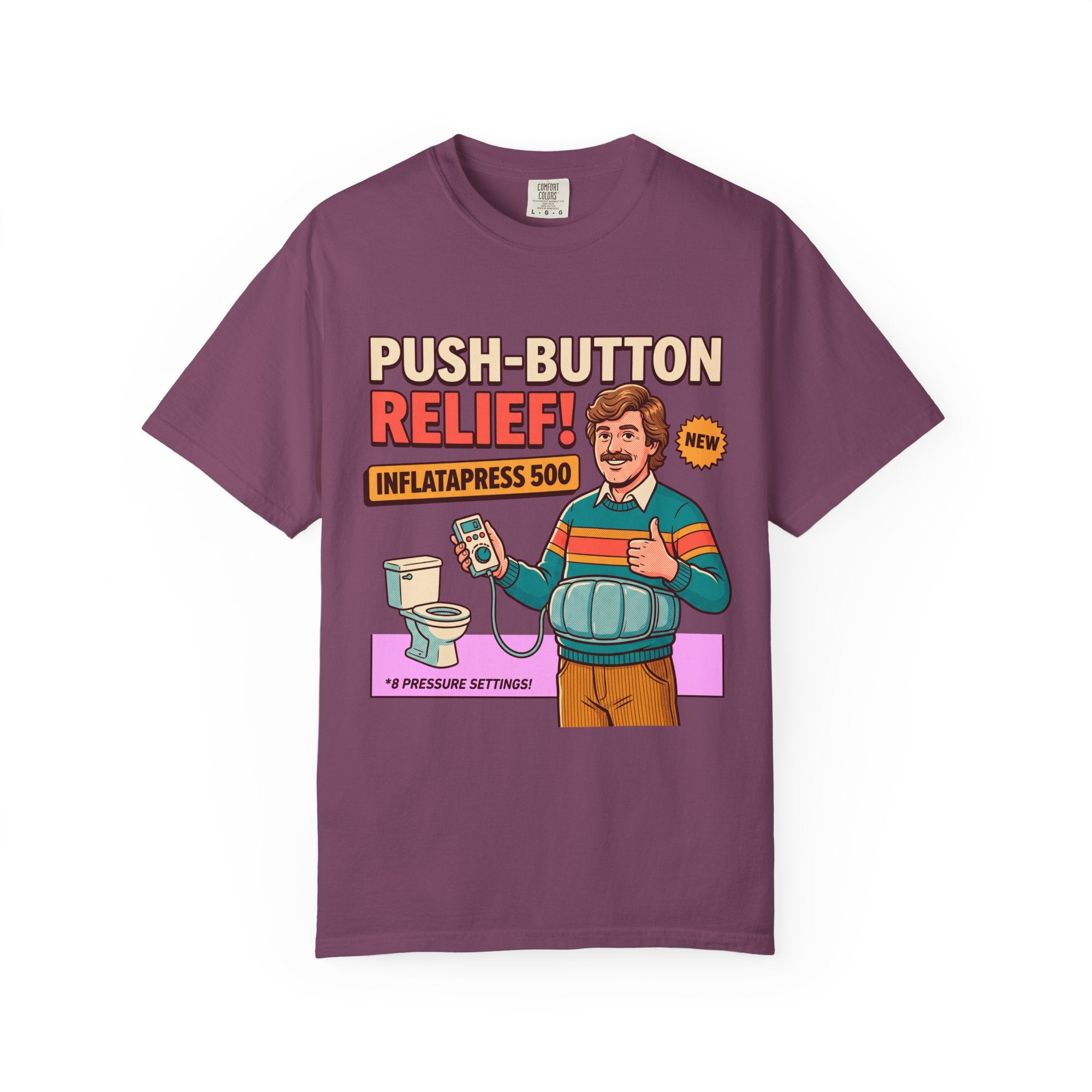 Funny Bathroom T-Shirt, InflataPress 500 Retro Ad Parody Tee, Stupid Invention Humor, Gag Gift for Dad, Weird Meme Shirt