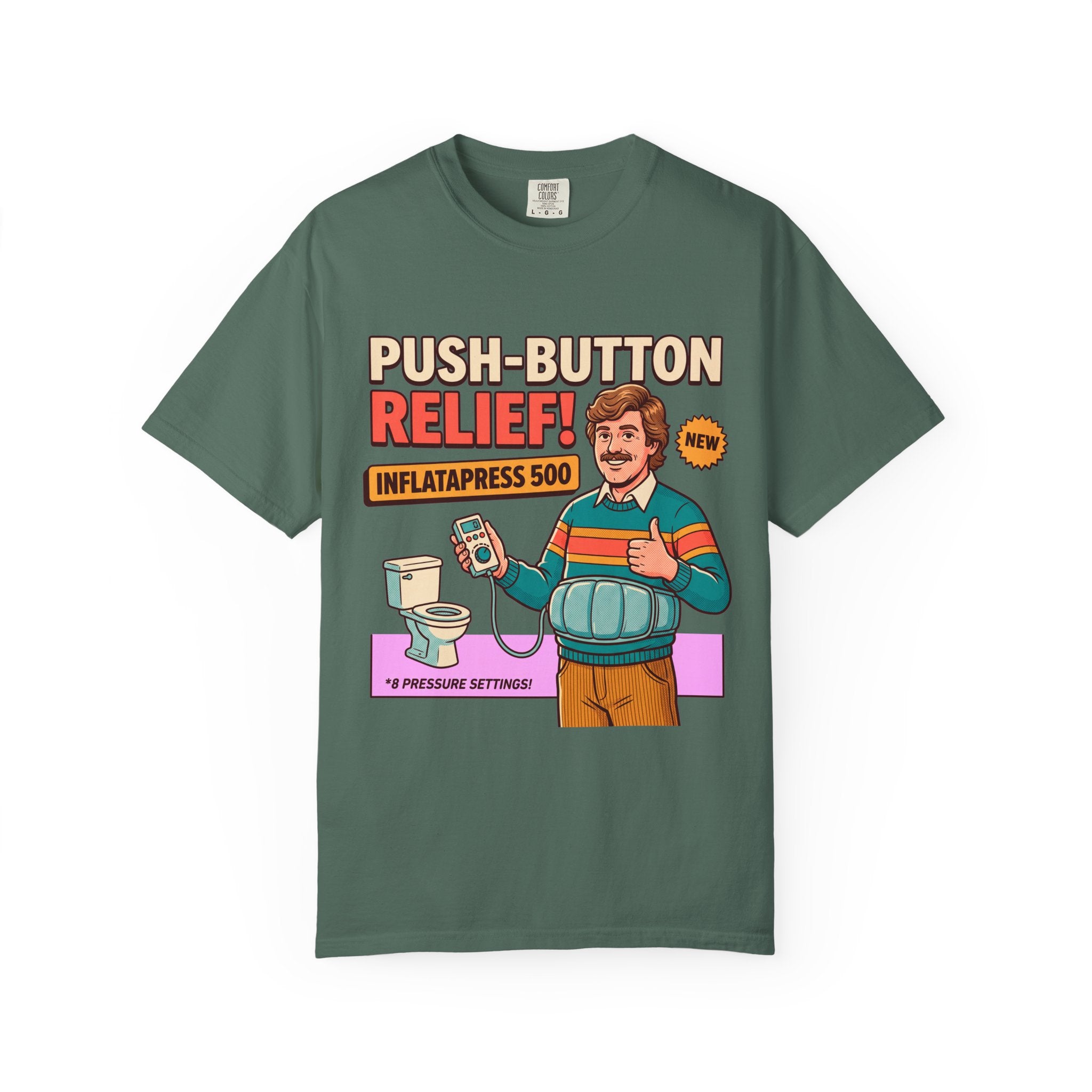 Funny Bathroom T-Shirt, InflataPress 500 Retro Ad Parody Tee, Stupid Invention Humor, Gag Gift for Dad, Weird Meme Shirt