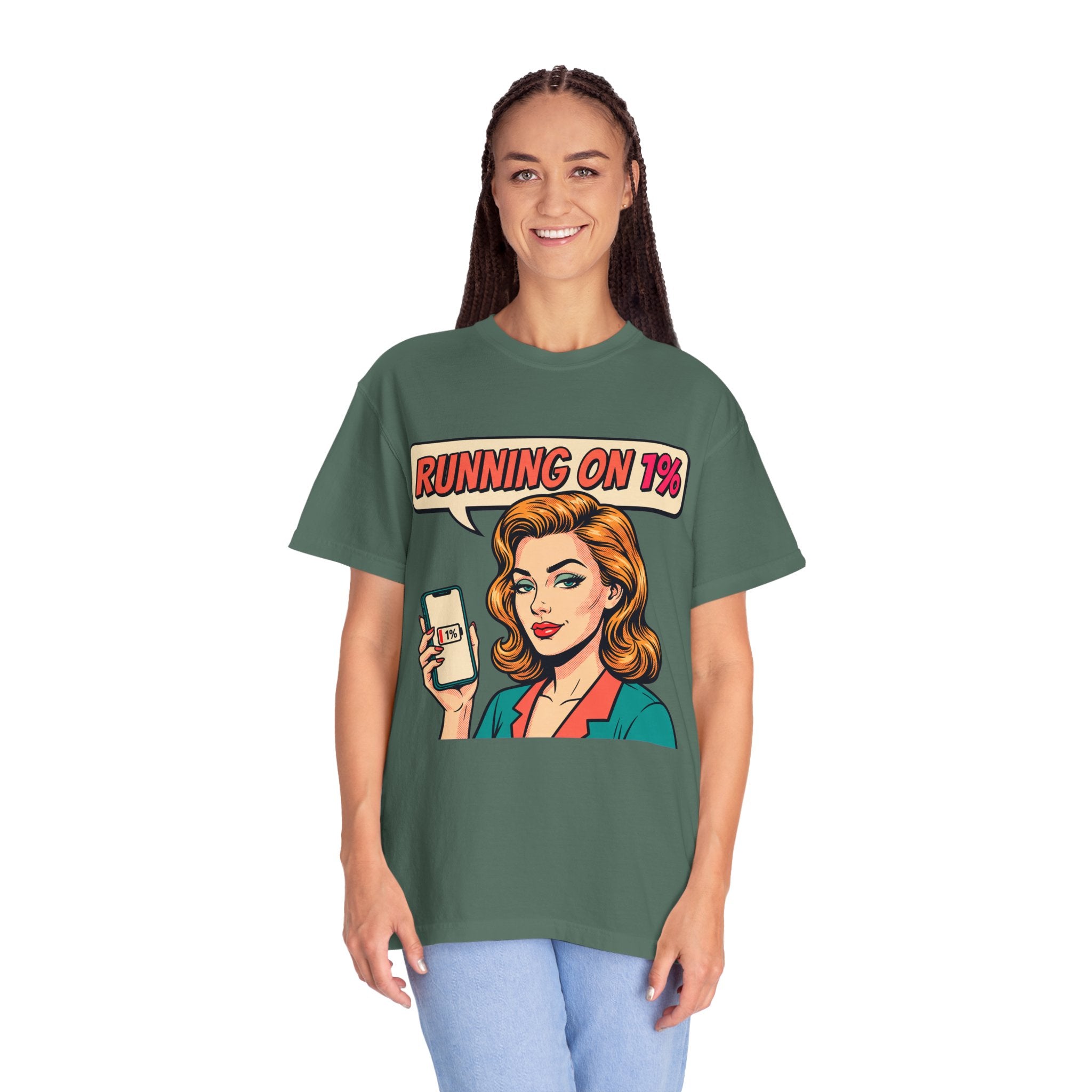 Running On 1% Retro Pop Art Woman T-Shirt | Low Battery Phone Graphic