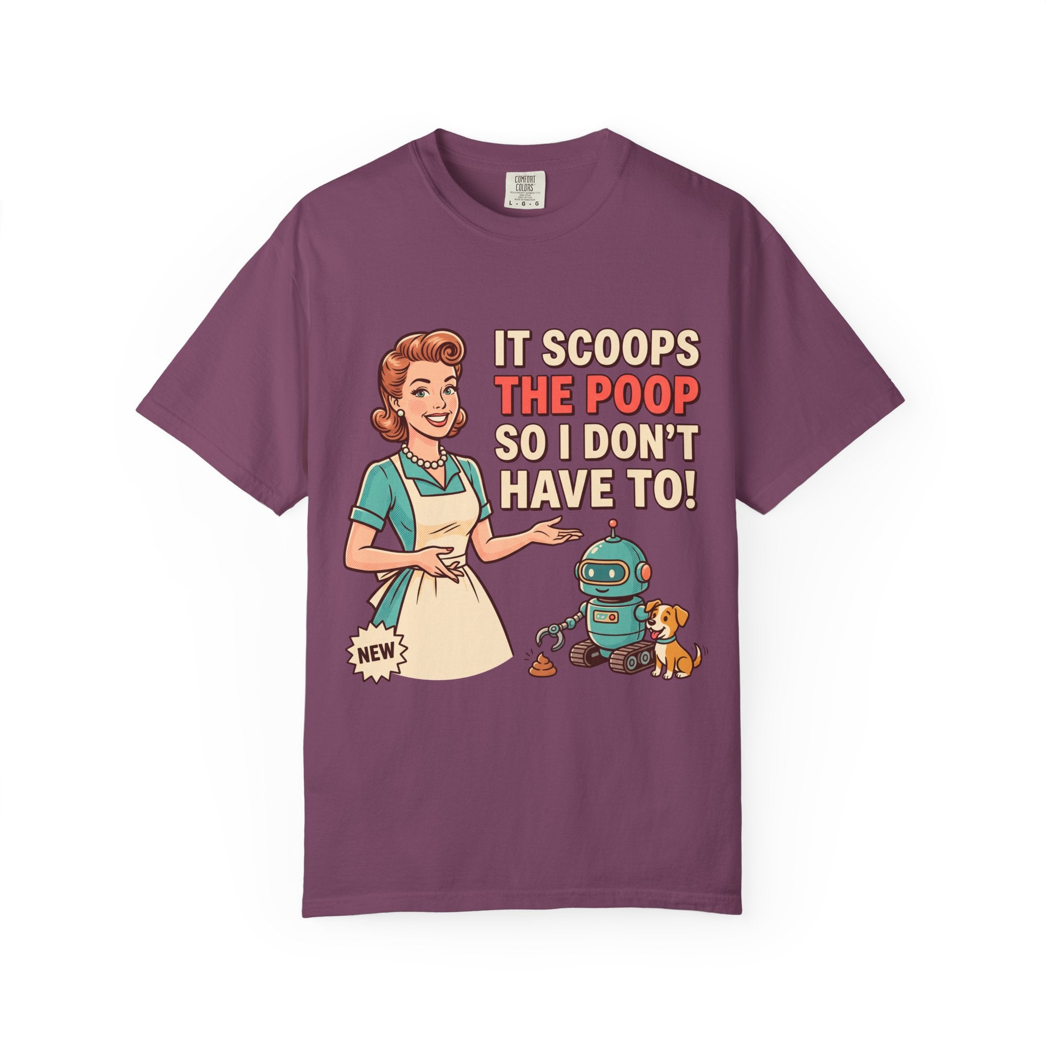 Robot Dog Poop Scooper T-Shirt | Retro Housewife Illustration