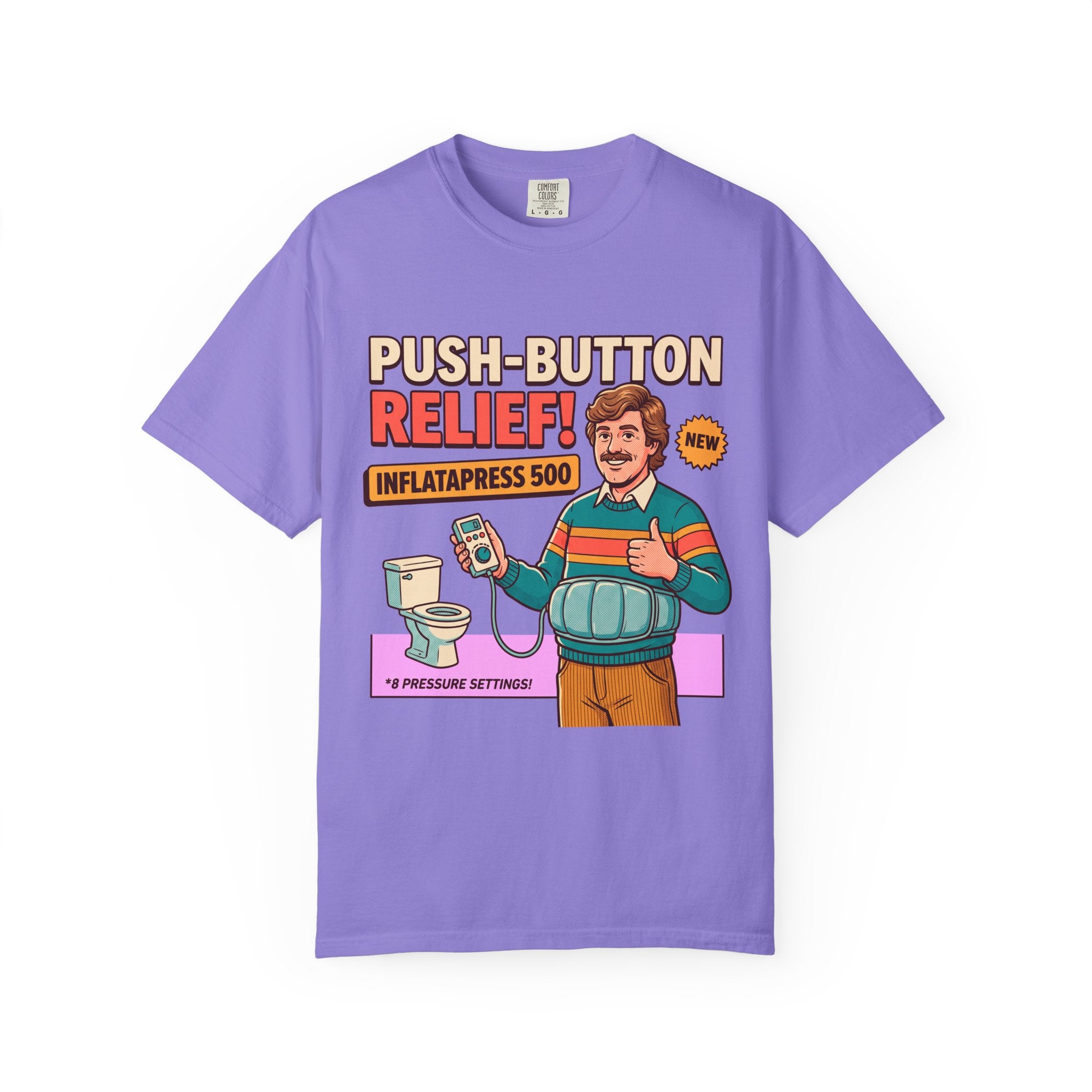 Funny Bathroom T-Shirt, InflataPress 500 Retro Ad Parody Tee, Stupid Invention Humor, Gag Gift for Dad, Weird Meme Shirt