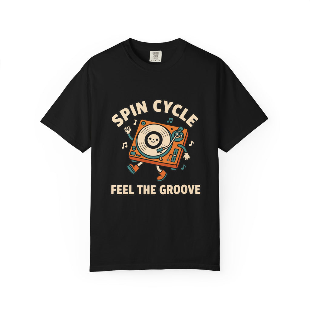 Spin Cycle Turntable T-Shirt, Retro Vinyl Record Graphic Tee, Feel The Groove Cute Mascot Shirt, DJ Music Lover Gift