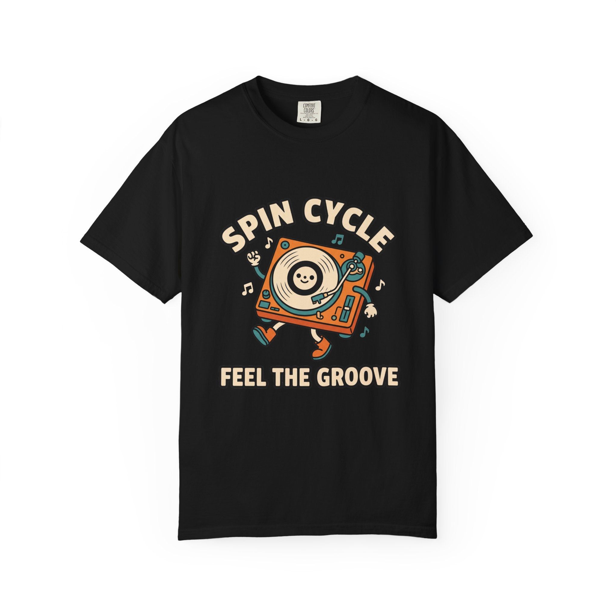 Spin Cycle Turntable T-Shirt, Retro Vinyl Record Graphic Tee, Feel The Groove Cute Mascot Shirt, DJ Music Lover Gift