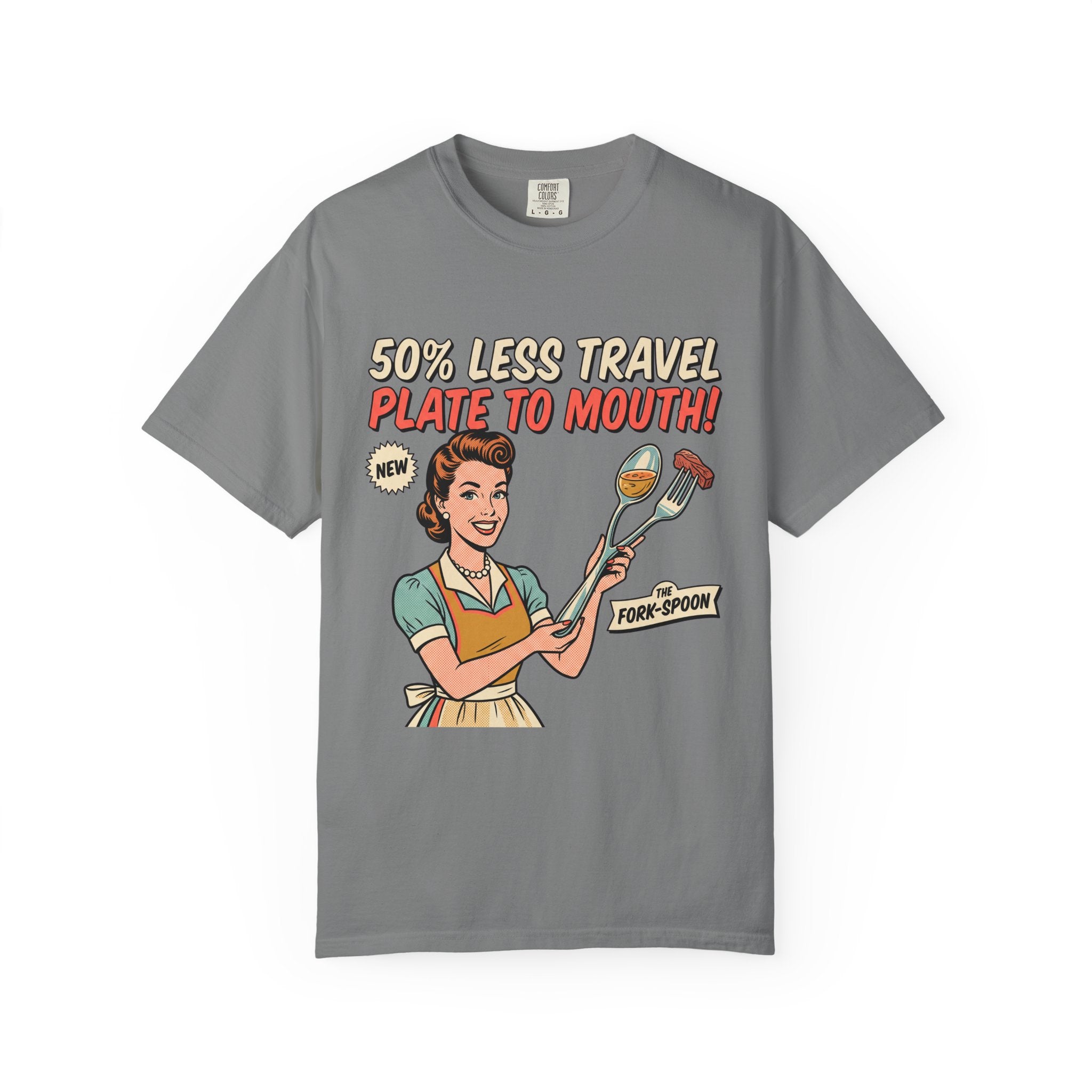 50% Less Travel Plate-to-Mouth Retro Housewife Illustration T-shirt