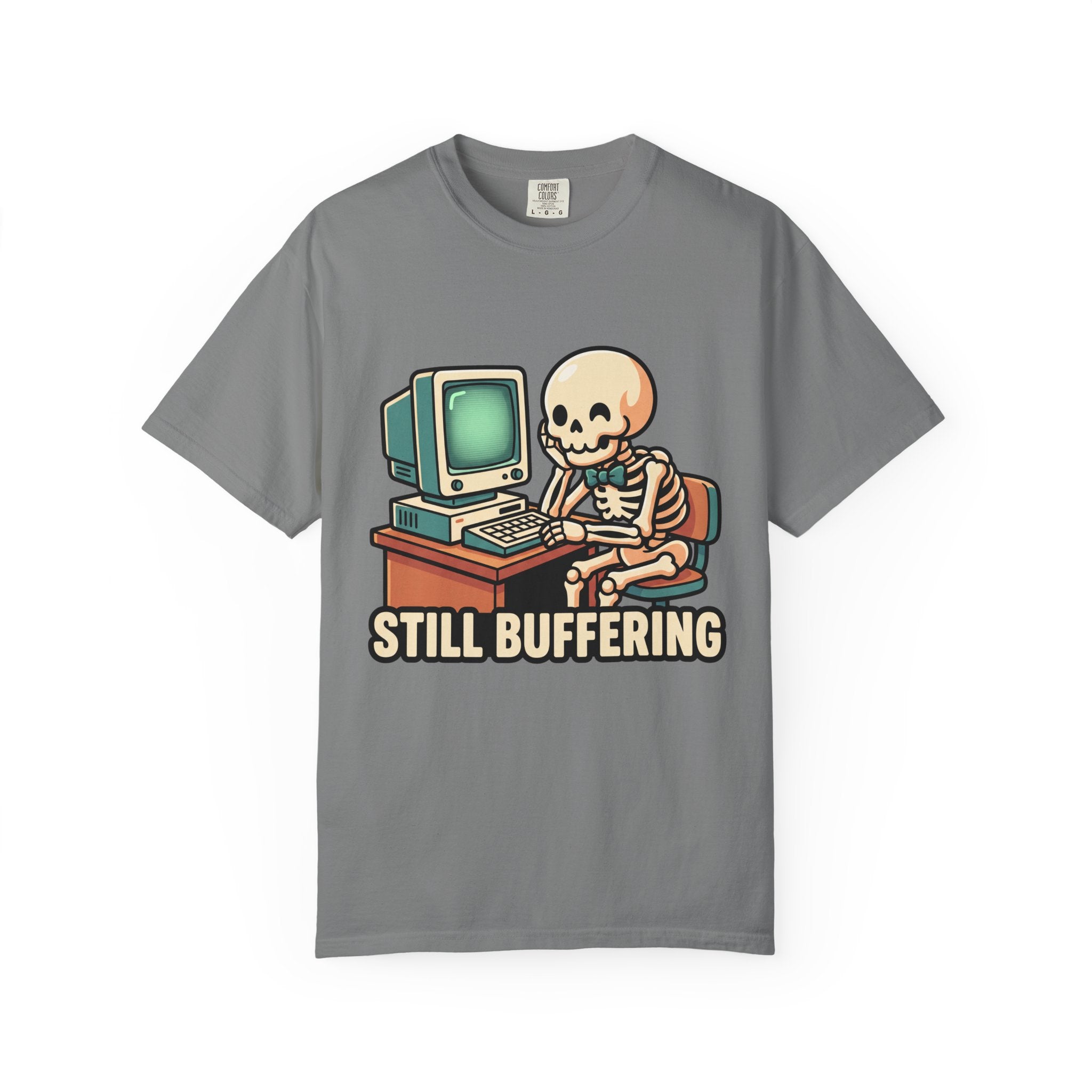 Still Buffering skeleton at vintage computer T-shirt | Retro tech humor