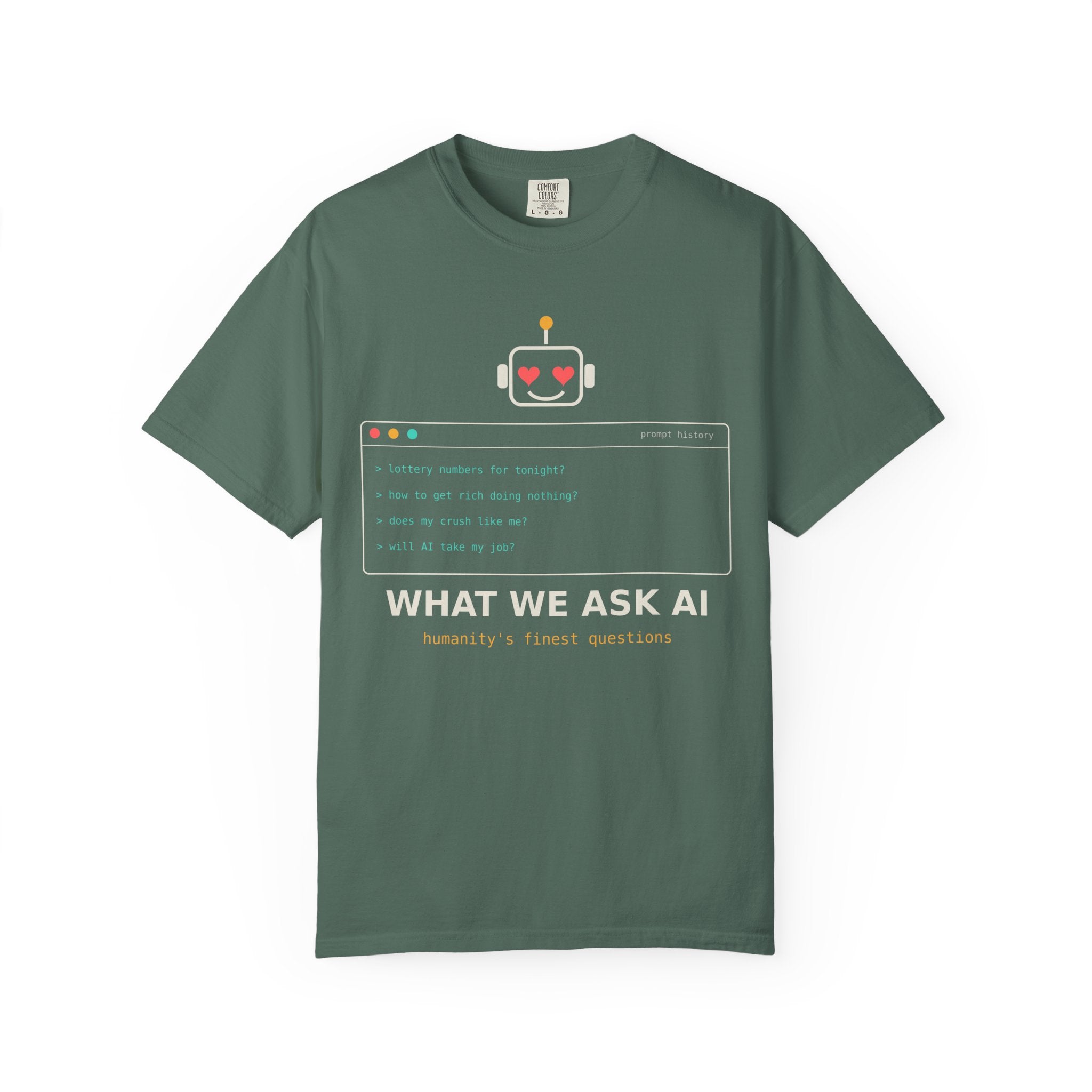 What We Ask AI Funny Meme T-Shirt, Lottery Numbers Crush Questions Tee, AI Humor Shirt, Programmer Nerd Gift, Tech Lover Gift for Coders
