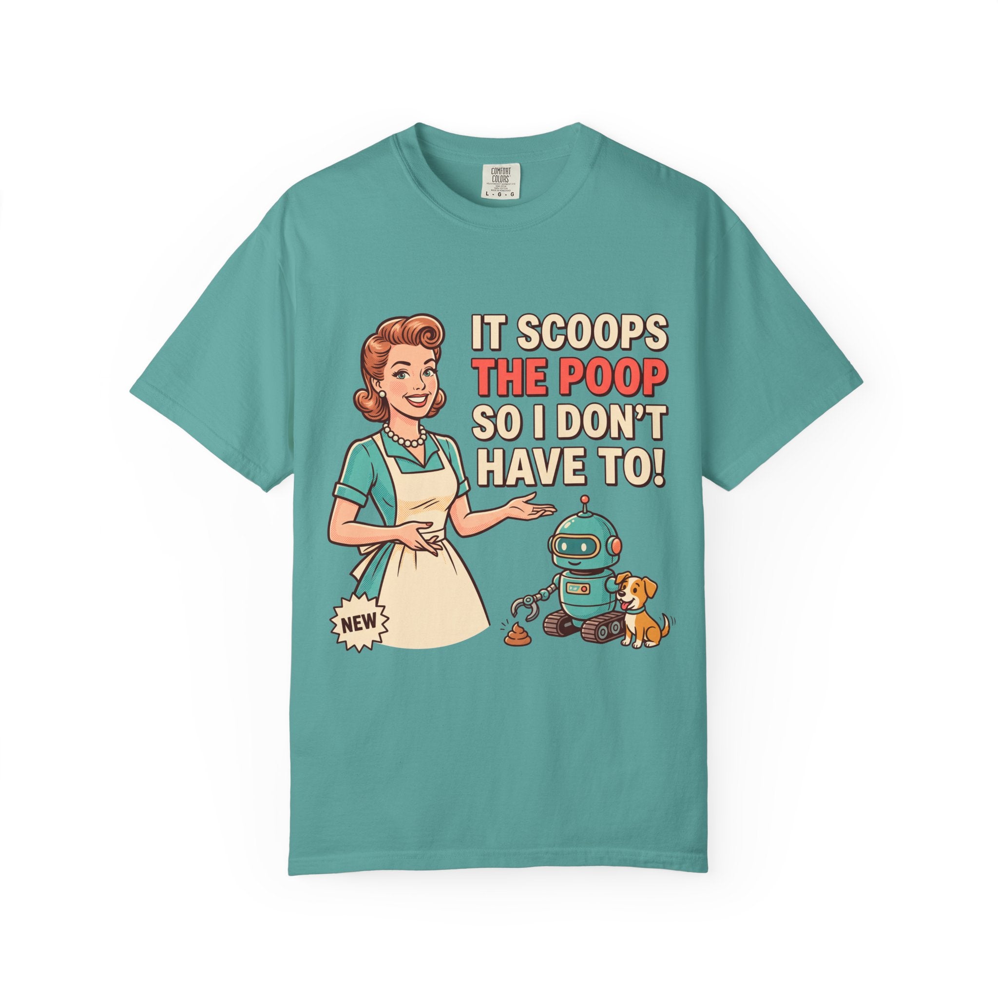 Robot Dog Poop Scooper T-Shirt | Retro Housewife Illustration