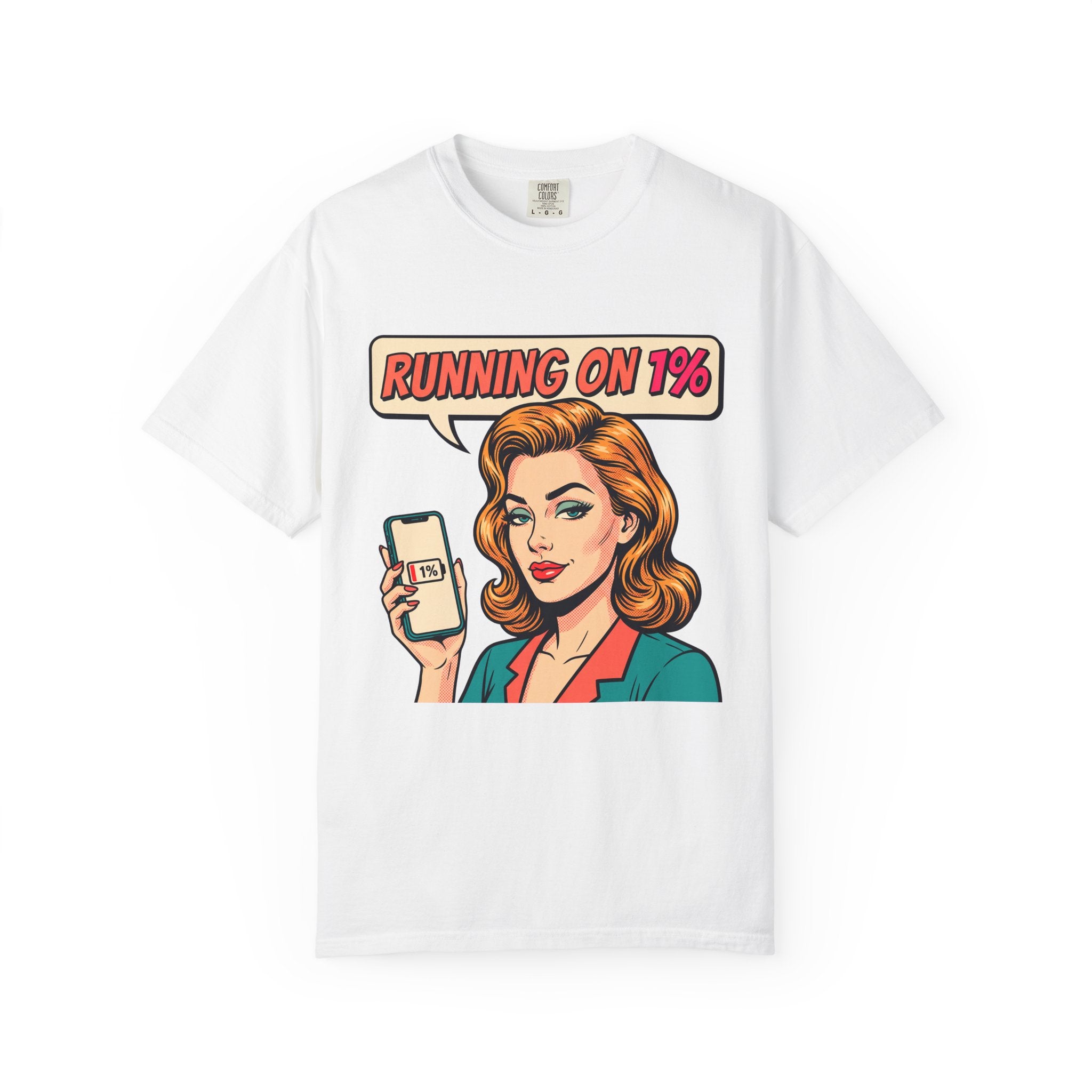 Running On 1% Retro Pop Art Woman T-Shirt | Low Battery Phone Graphic