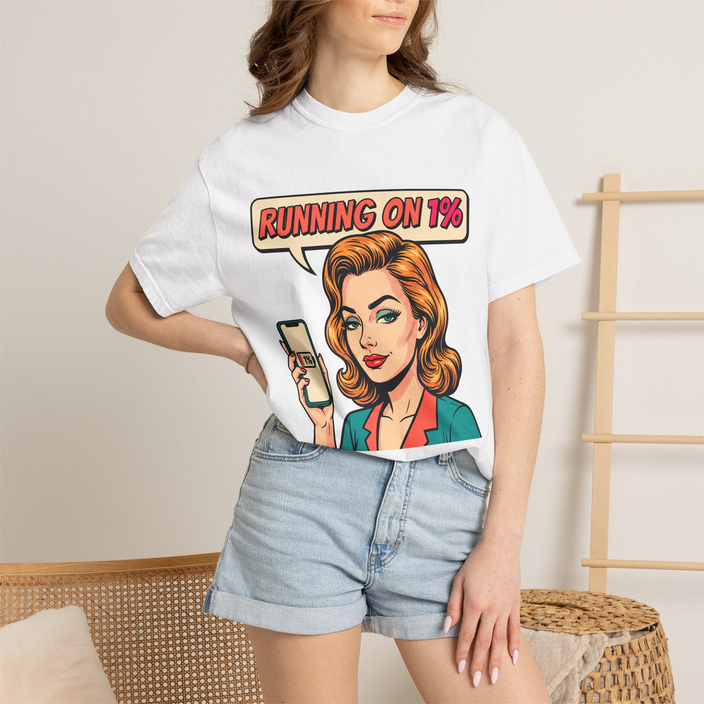 Running On 1% Retro Pop Art Woman T-Shirt | Low Battery Phone Graphic