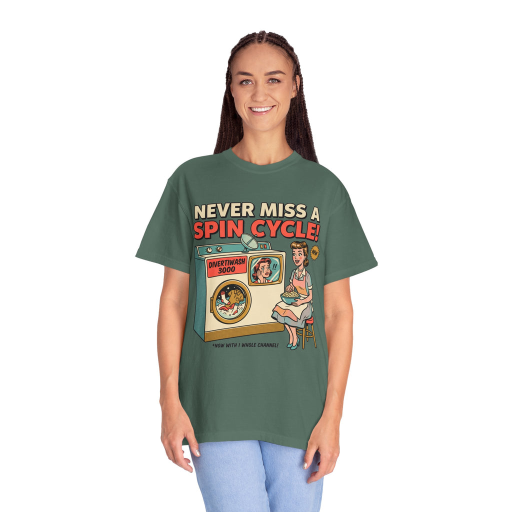 Never Miss a Spin Cycle Laundry T-Shirt | Retro Washer Illustration