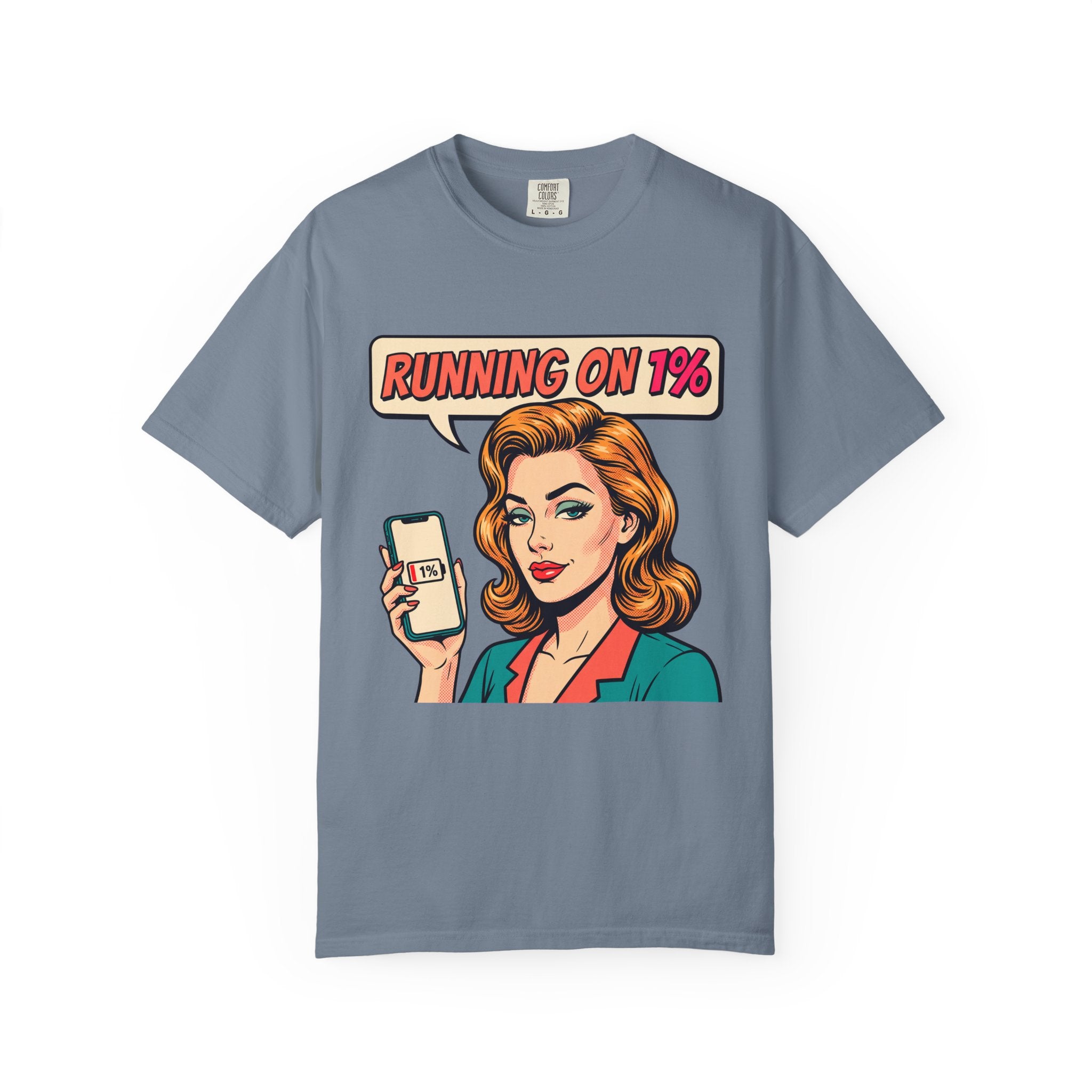 Running On 1% Retro Pop Art Woman T-Shirt | Low Battery Phone Graphic