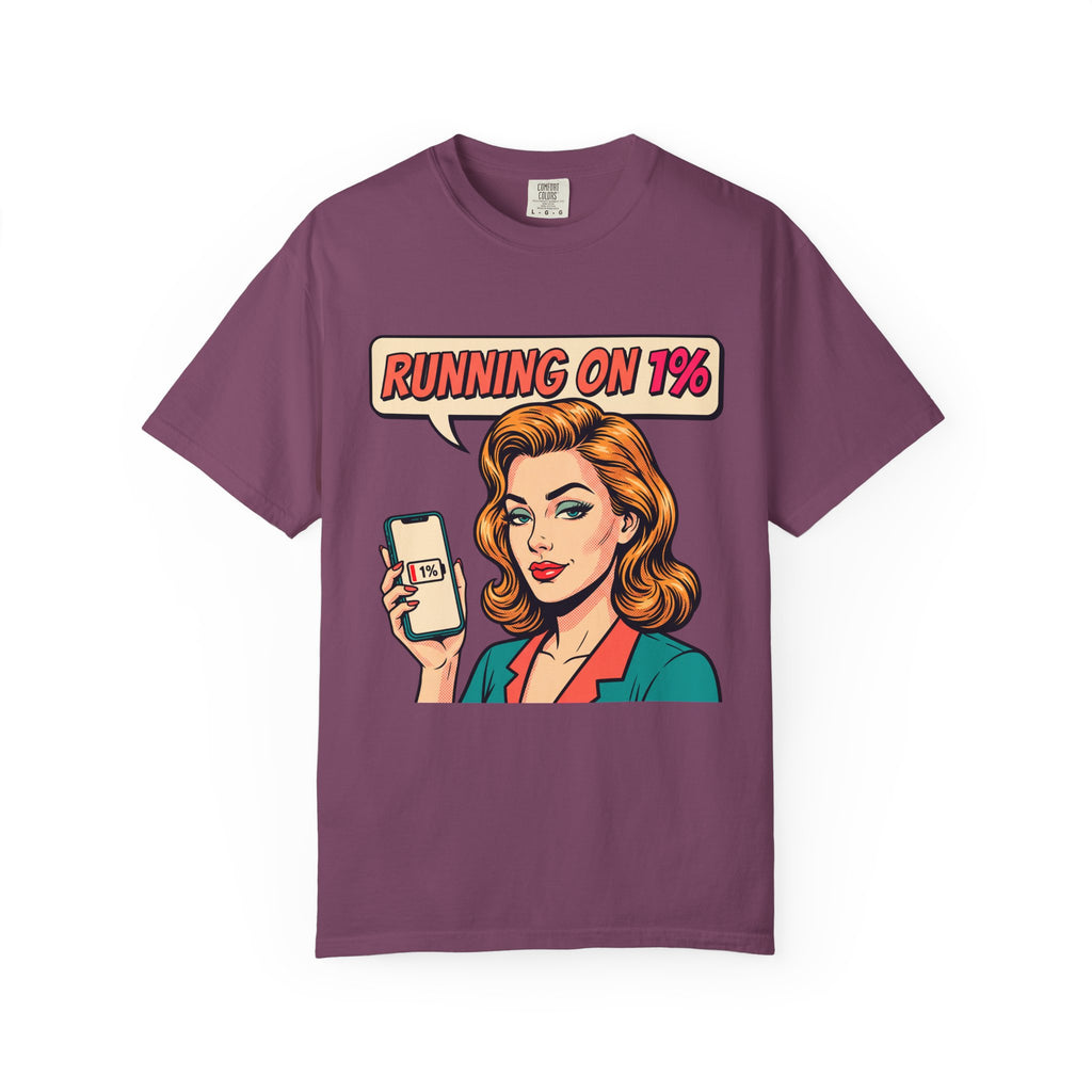 Running On 1% Retro Pop Art Woman T-Shirt | Low Battery Phone Graphic