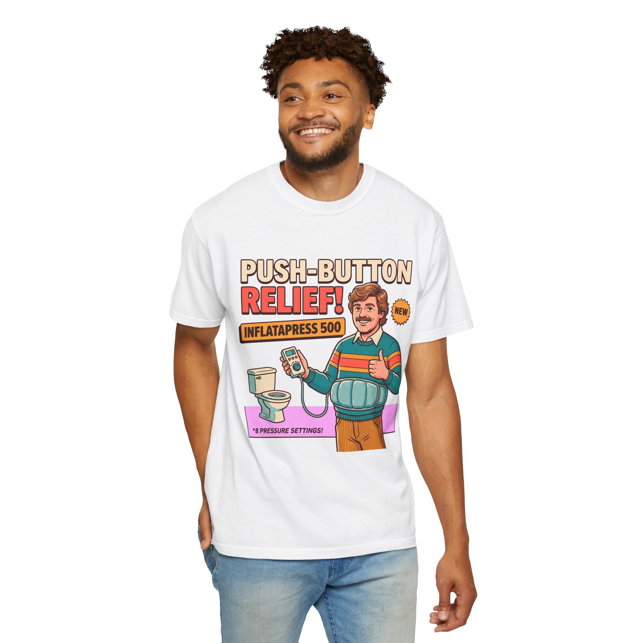 Funny Bathroom T-Shirt, InflataPress 500 Retro Ad Parody Tee, Stupid Invention Humor, Gag Gift for Dad, Weird Meme Shirt