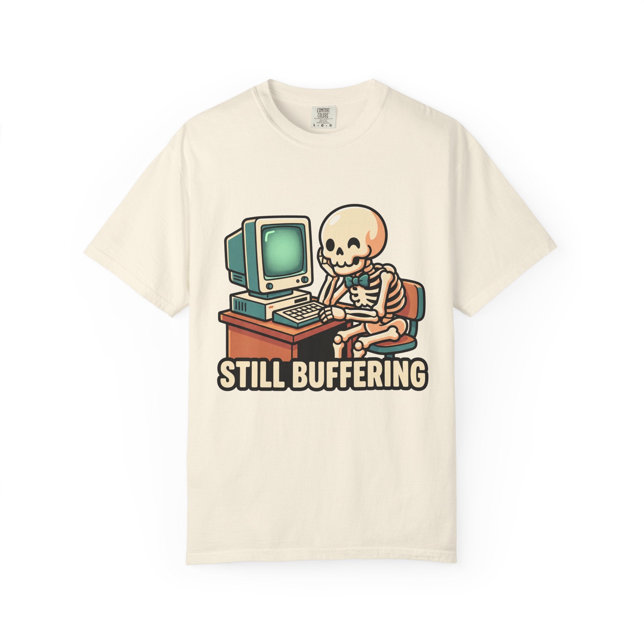 Still Buffering skeleton at vintage computer T-shirt | Retro tech humor