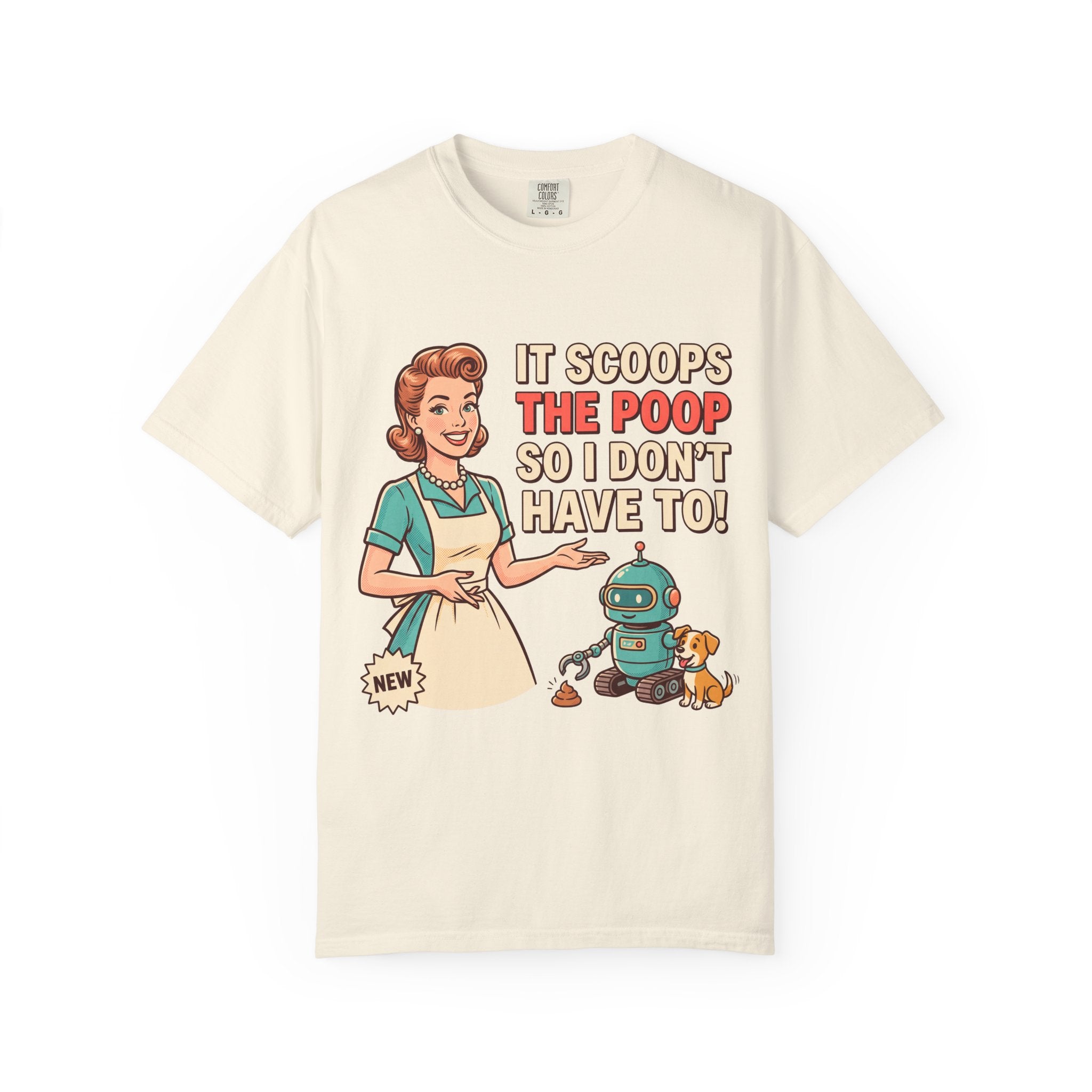 Robot Dog Poop Scooper T-Shirt | Retro Housewife Illustration