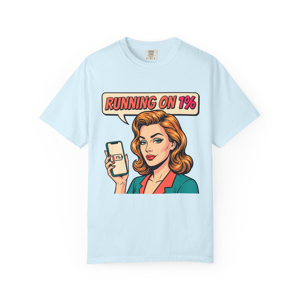 Running On 1% Retro Pop Art Woman T-Shirt | Low Battery Phone Graphic