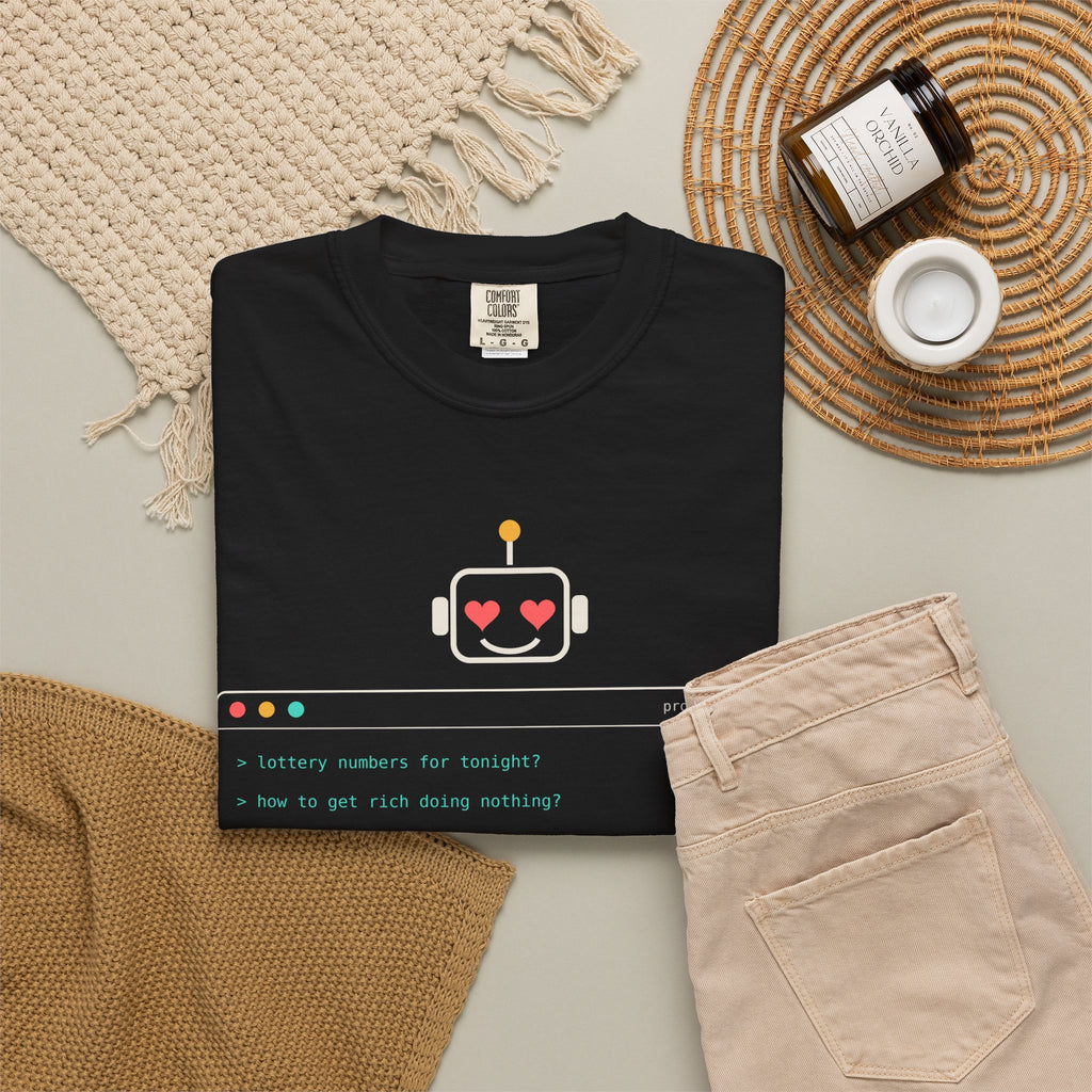 What We Ask AI Funny Meme T-Shirt, Lottery Numbers Crush Questions Tee, AI Humor Shirt, Programmer Nerd Gift, Tech Lover Gift for Coders