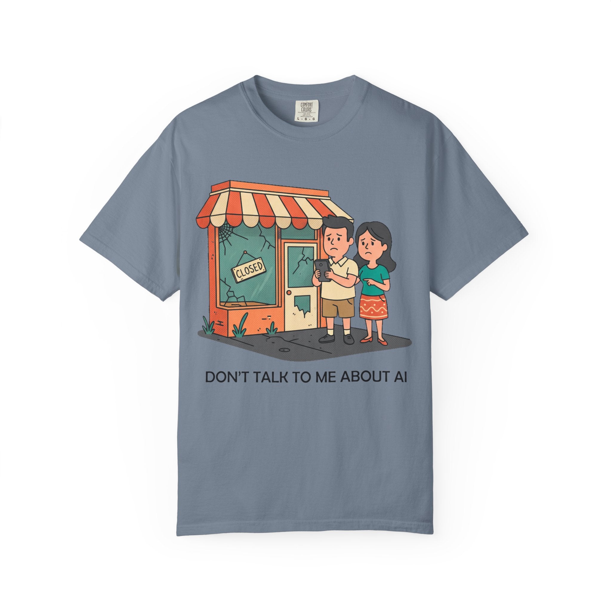 Don't Talk to Me About AI T-shirt | Cartoon Couple by Closed Shop