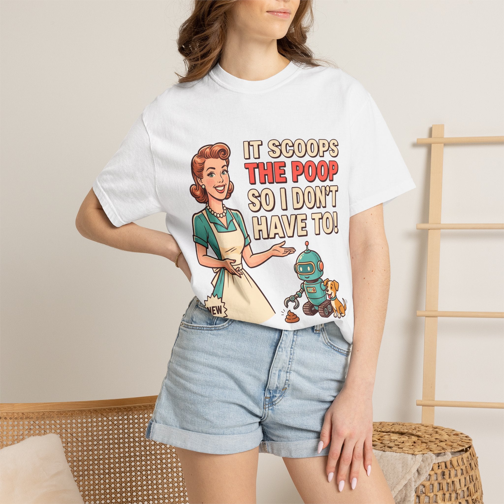 Robot Dog Poop Scooper T-Shirt | Retro Housewife Illustration
