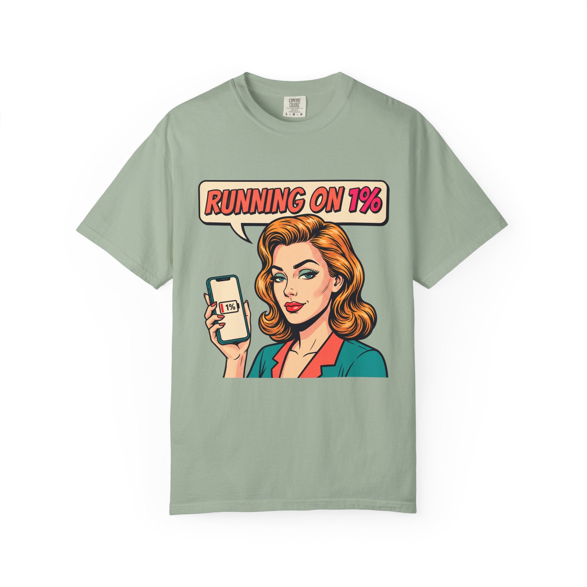 Running On 1% Retro Pop Art Woman T-Shirt | Low Battery Phone Graphic