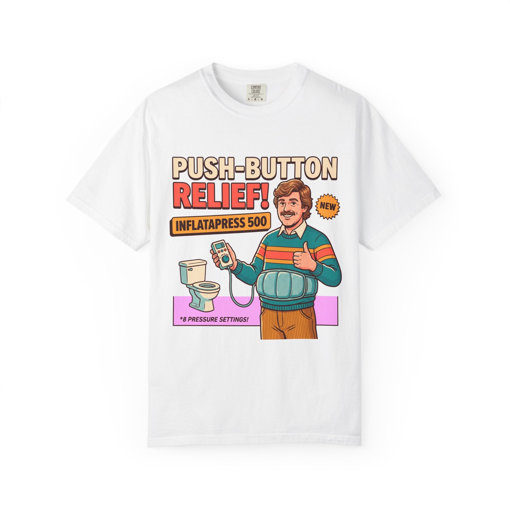 Funny Bathroom T-Shirt, InflataPress 500 Retro Ad Parody Tee, Stupid Invention Humor, Gag Gift for Dad, Weird Meme Shirt