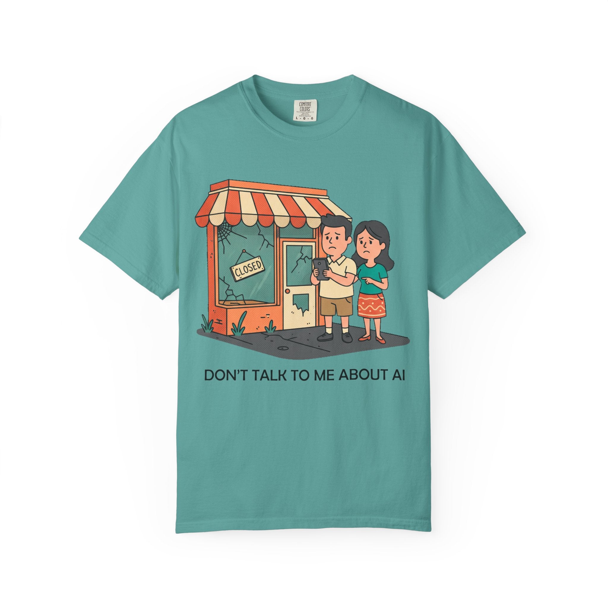Don't Talk to Me About AI T-shirt | Cartoon Couple by Closed Shop