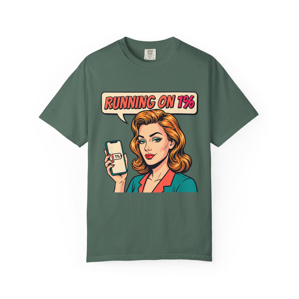 Running On 1% Retro Pop Art Woman T-Shirt | Low Battery Phone Graphic