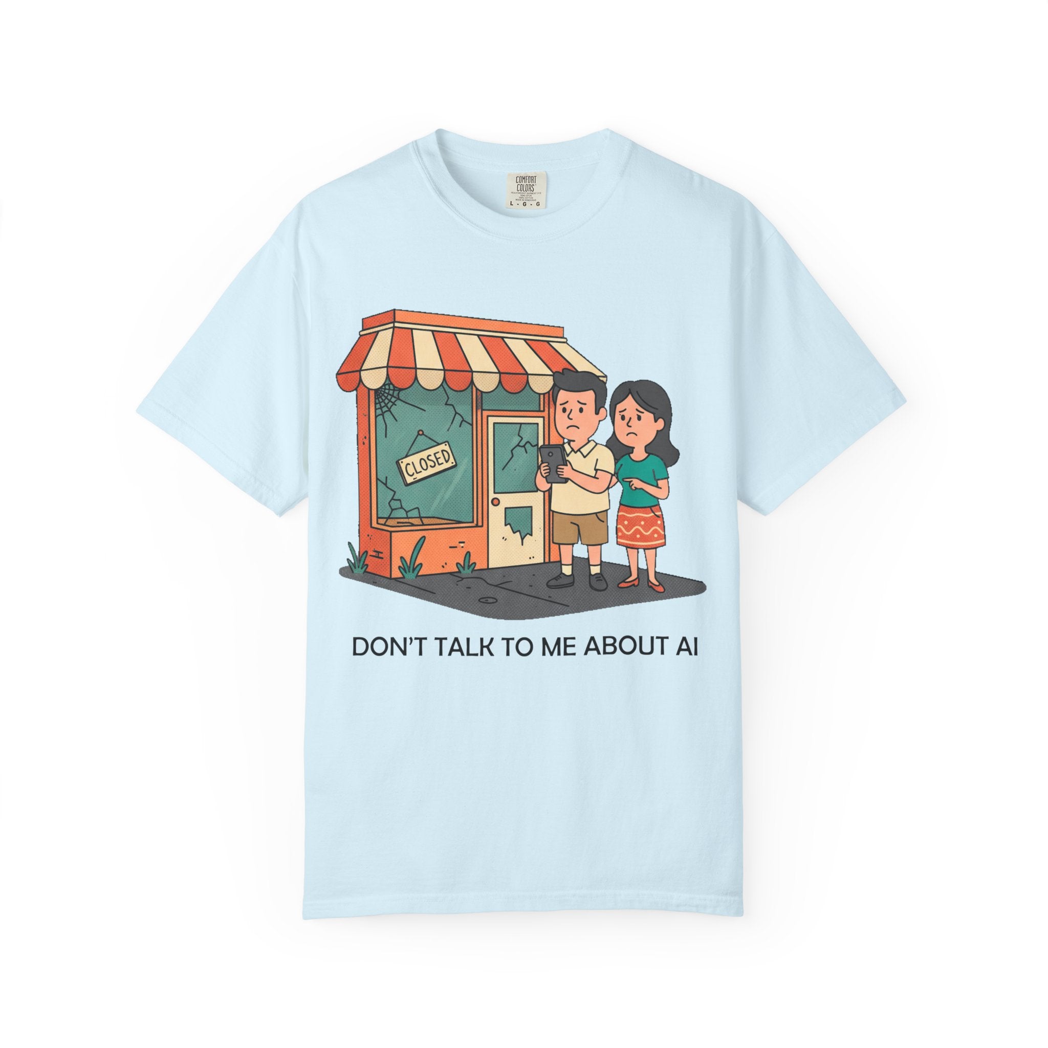 Don't Talk to Me About AI T-shirt | Cartoon Couple by Closed Shop