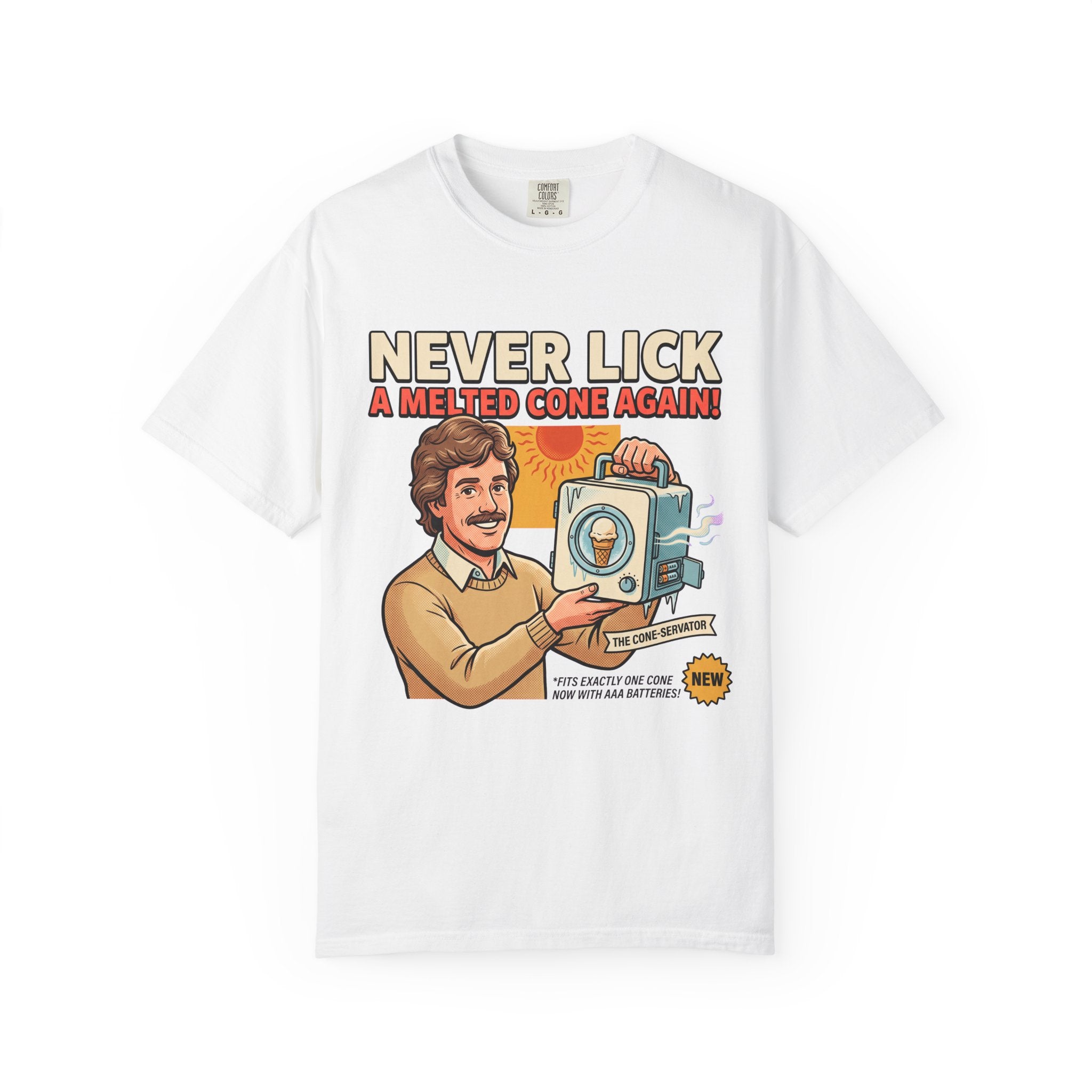 Never Lick a Melted Cone Again T-Shirt | Retro Ice Cream Gadget Design