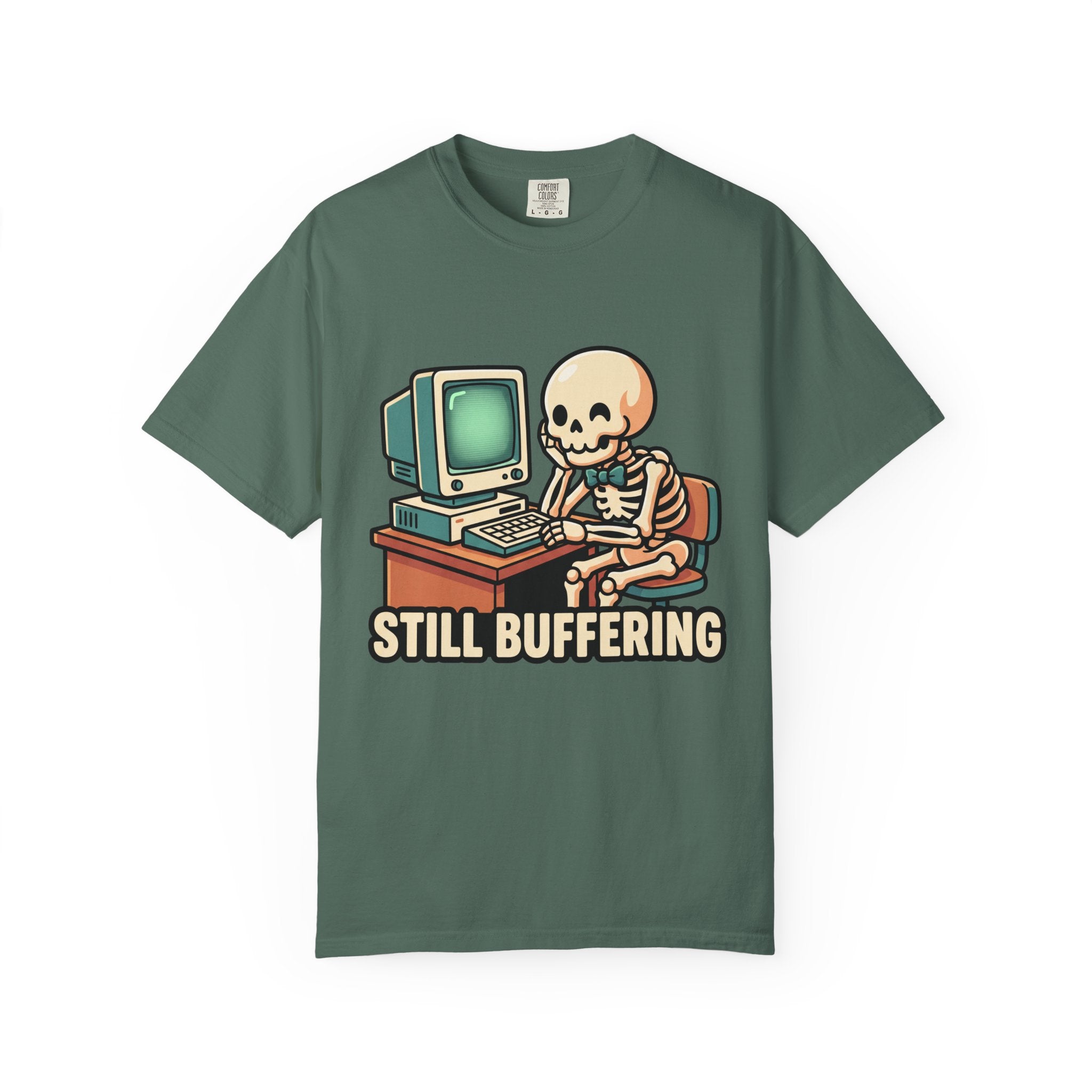 Still Buffering skeleton at vintage computer T-shirt | Retro tech humor