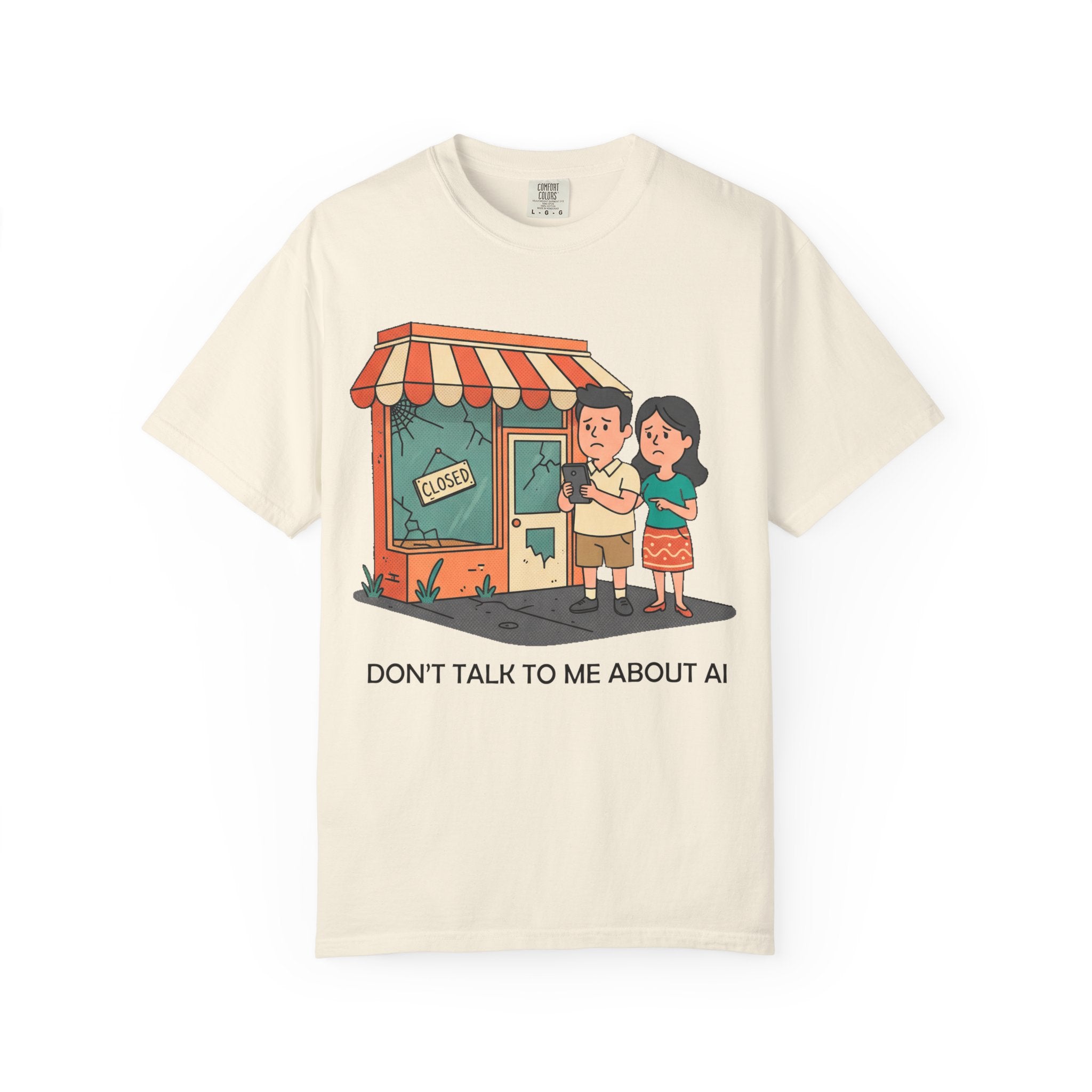 Don't Talk to Me About AI T-shirt | Cartoon Couple by Closed Shop