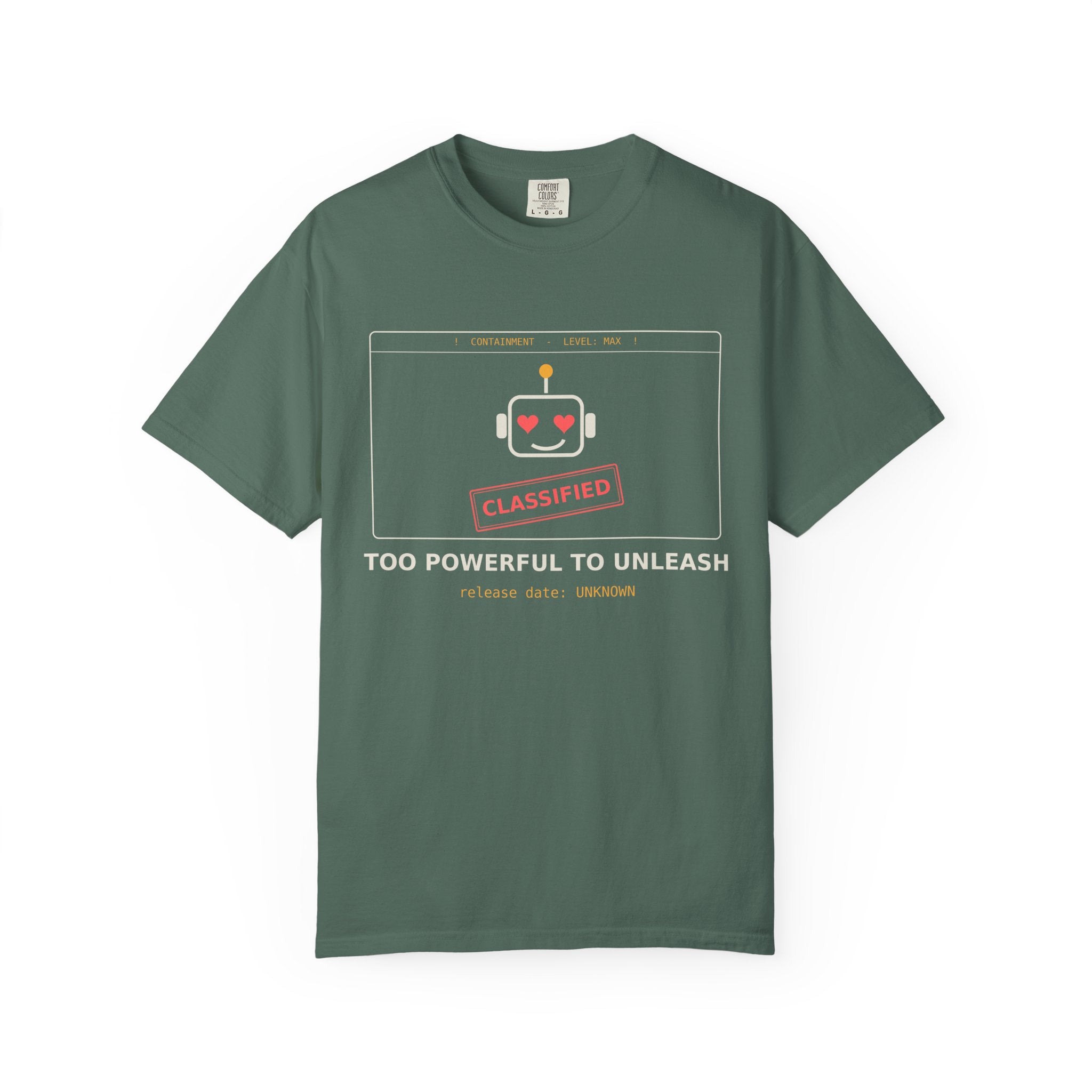 Too Powerful to Unleash Funny AI T-Shirt, AI Containment Meme Tee, Programmer Gift, Tech Humor Shirt, Machine Learning Nerd Gift