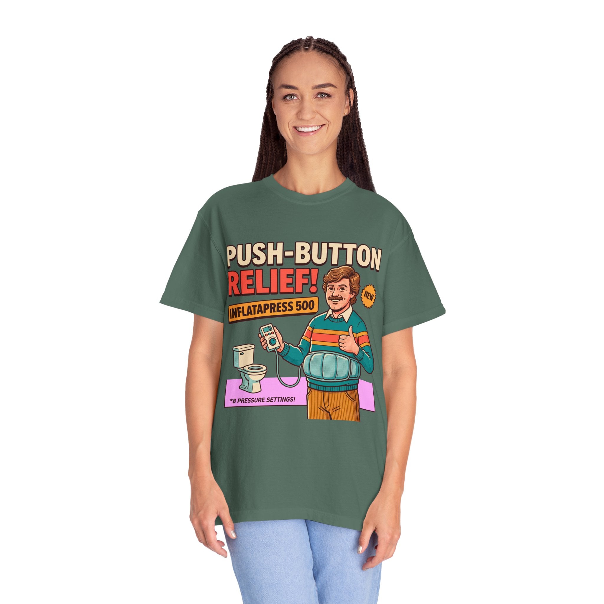 Funny Bathroom T-Shirt, InflataPress 500 Retro Ad Parody Tee, Stupid Invention Humor, Gag Gift for Dad, Weird Meme Shirt