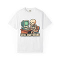 Still Buffering skeleton at vintage computer T-shirt | Retro tech humor
