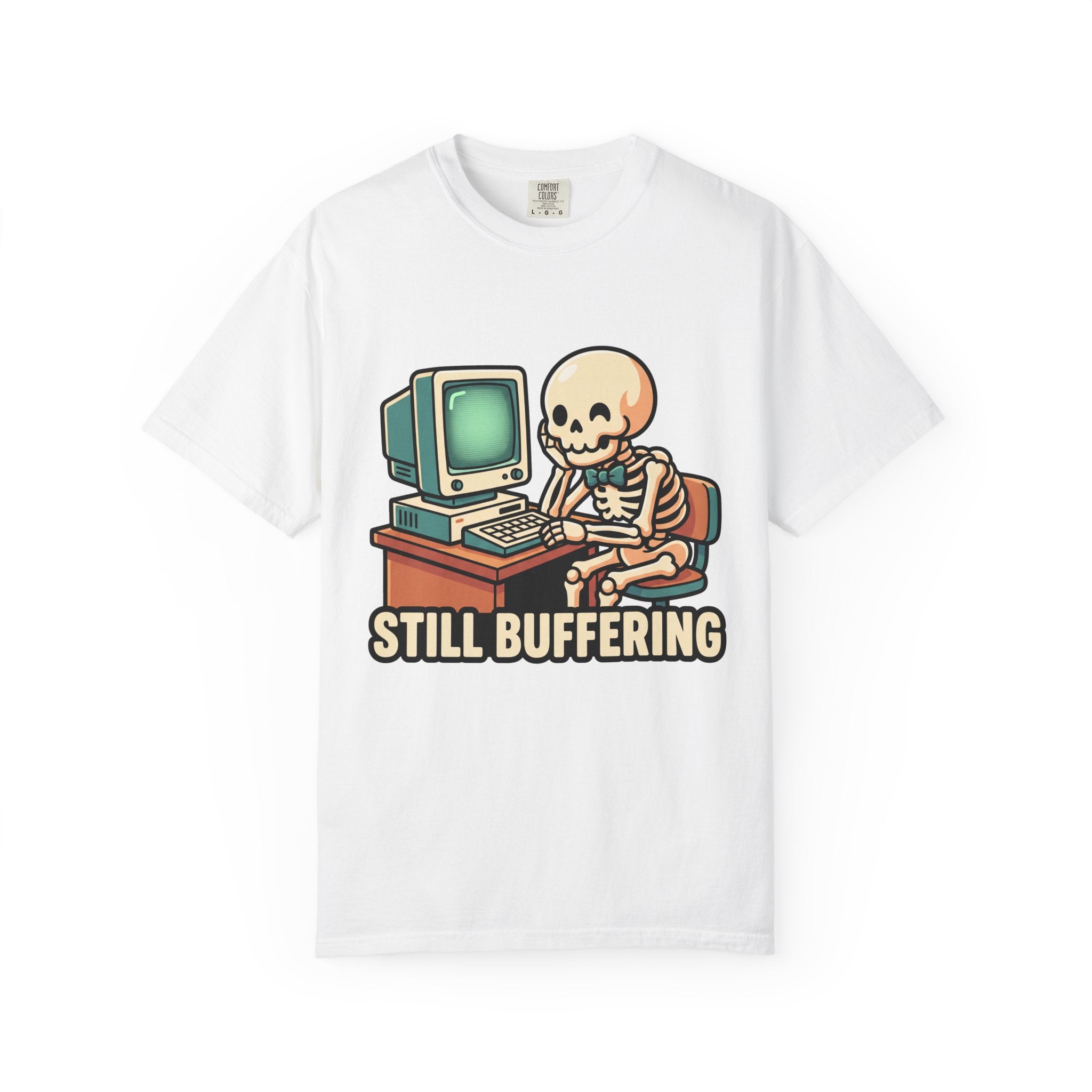 Still Buffering skeleton at vintage computer T-shirt | Retro tech humor