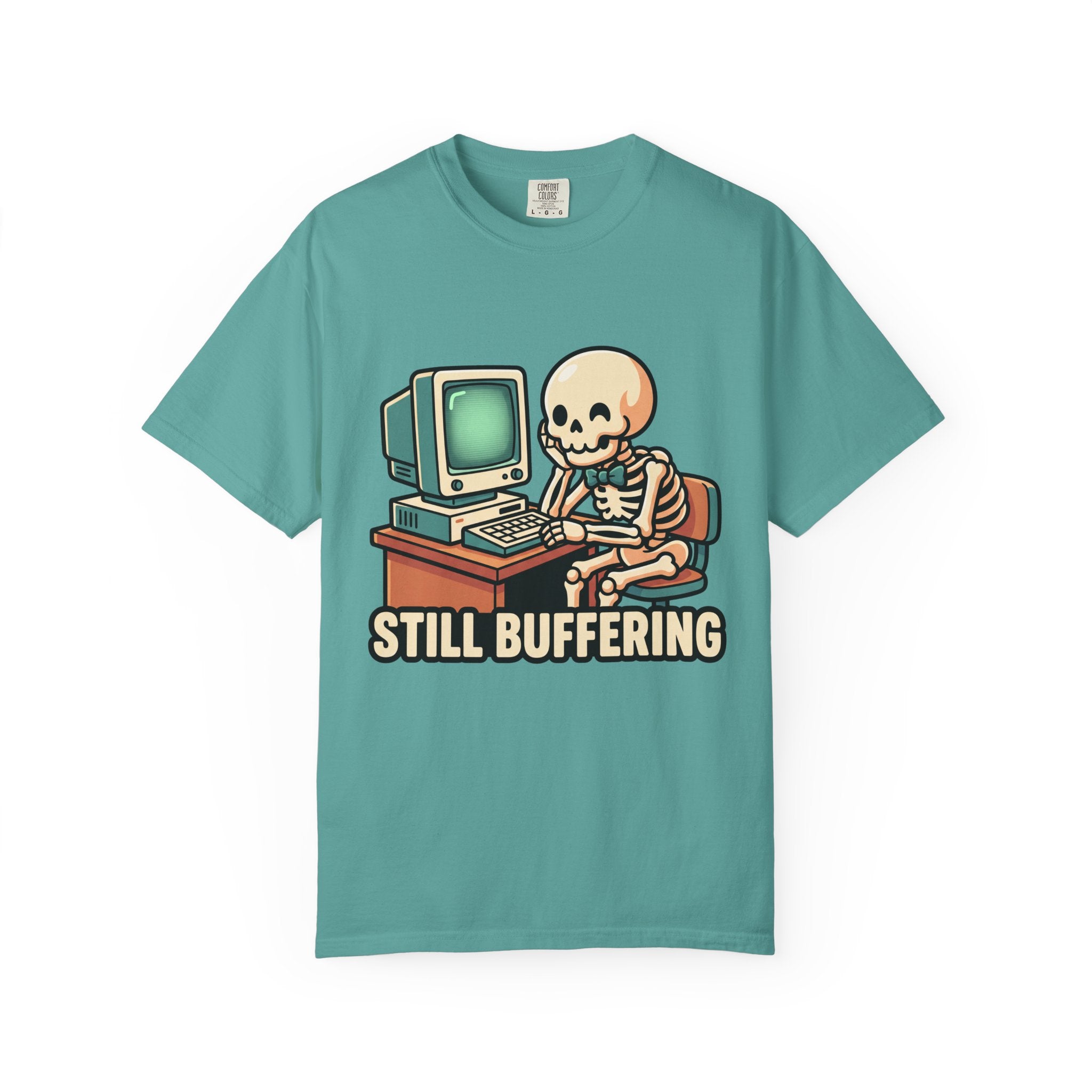 Still Buffering skeleton at vintage computer T-shirt | Retro tech humor