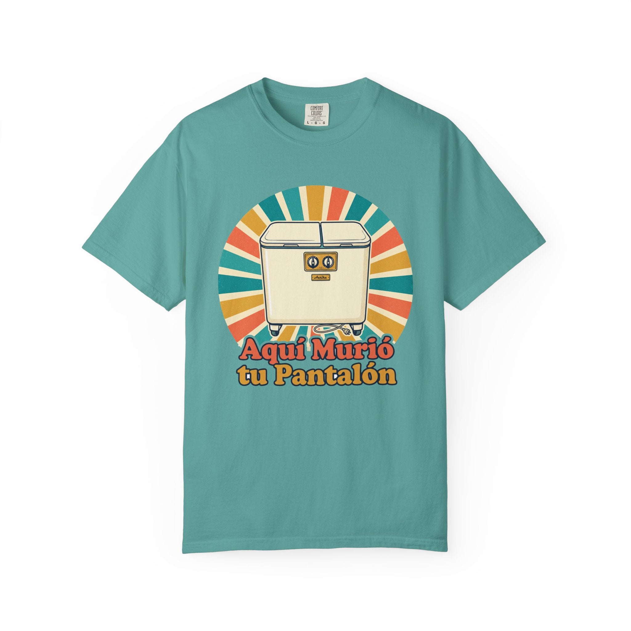Retro Cuban Washing Machine T-Shirt — "Aquí Murió tu Pantalón" Vintage Tech Graphic Tee