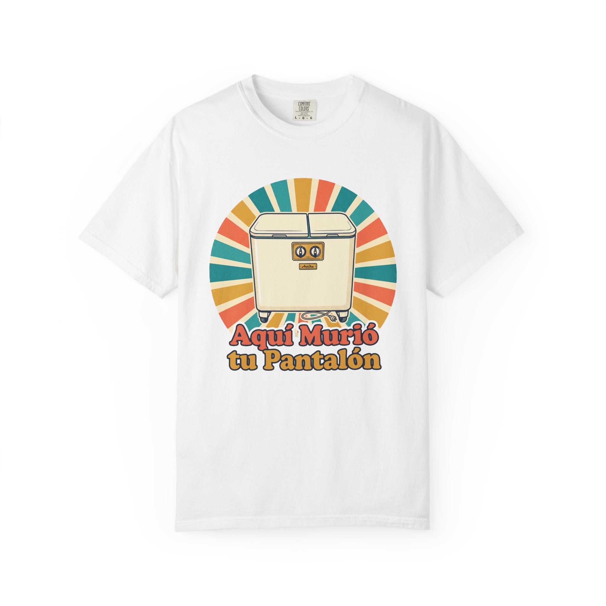 Retro Cuban Washing Machine T-Shirt — "Aquí Murió tu Pantalón" Vintage Tech Graphic Tee
