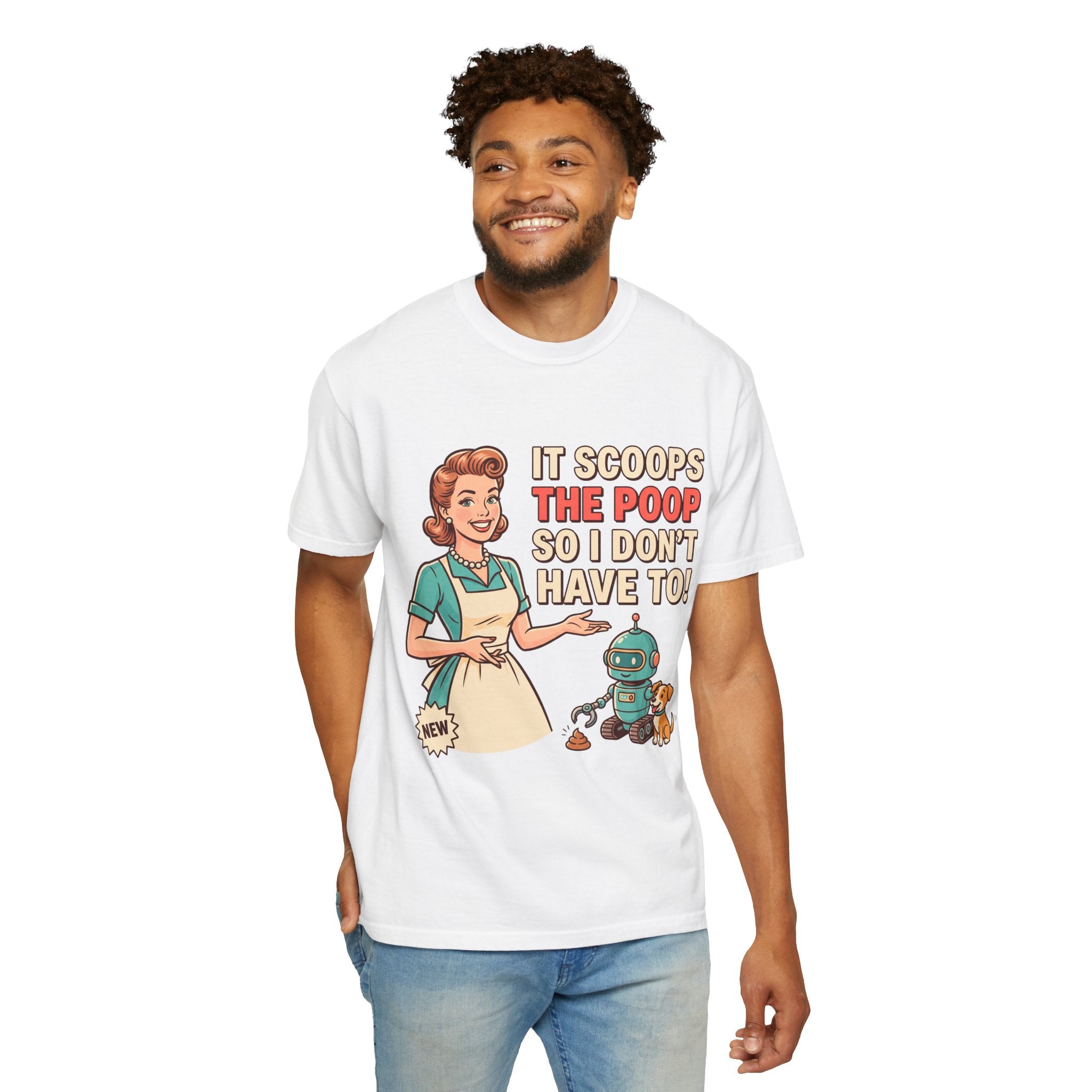 Robot Dog Poop Scooper T-Shirt | Retro Housewife Illustration