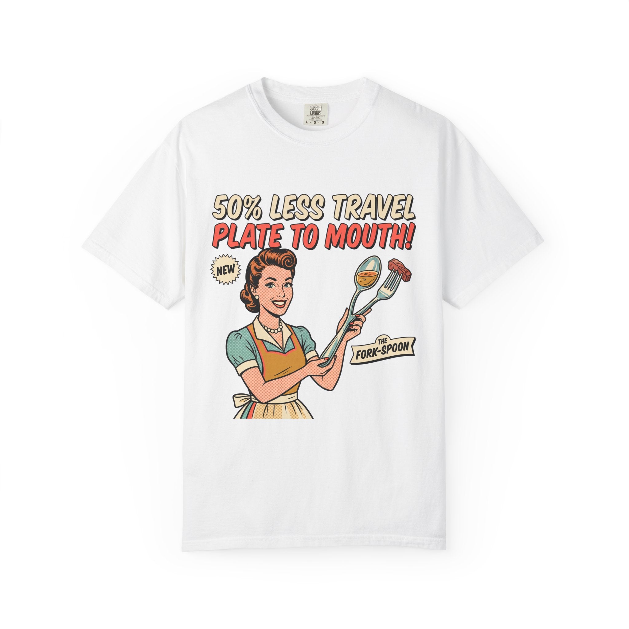 50% Less Travel Plate-to-Mouth Retro Housewife Illustration T-shirt
