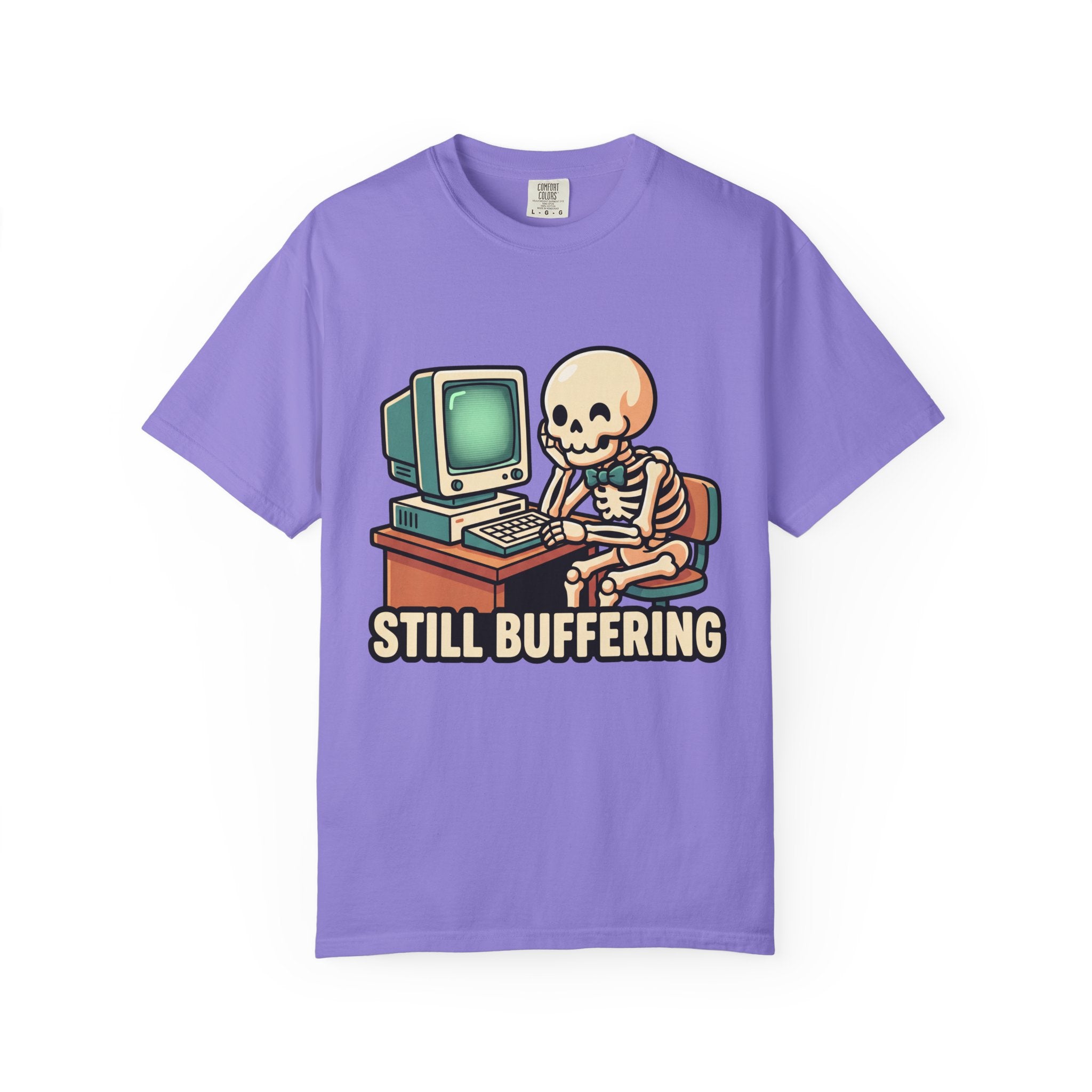Still Buffering skeleton at vintage computer T-shirt | Retro tech humor