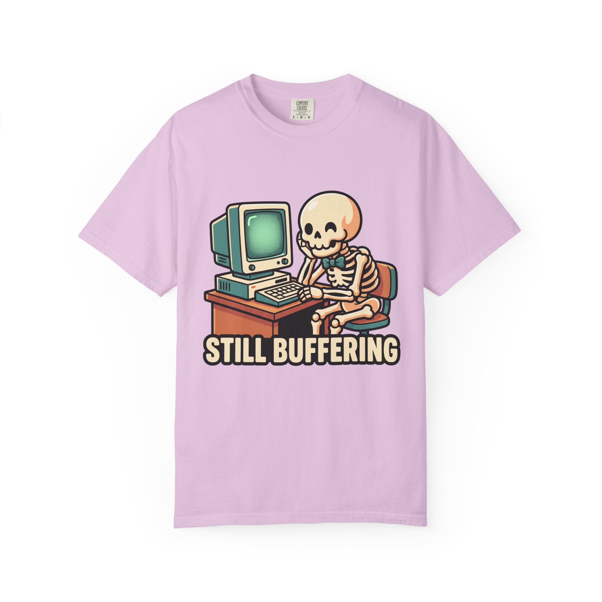 Still Buffering skeleton at vintage computer T-shirt | Retro tech humor