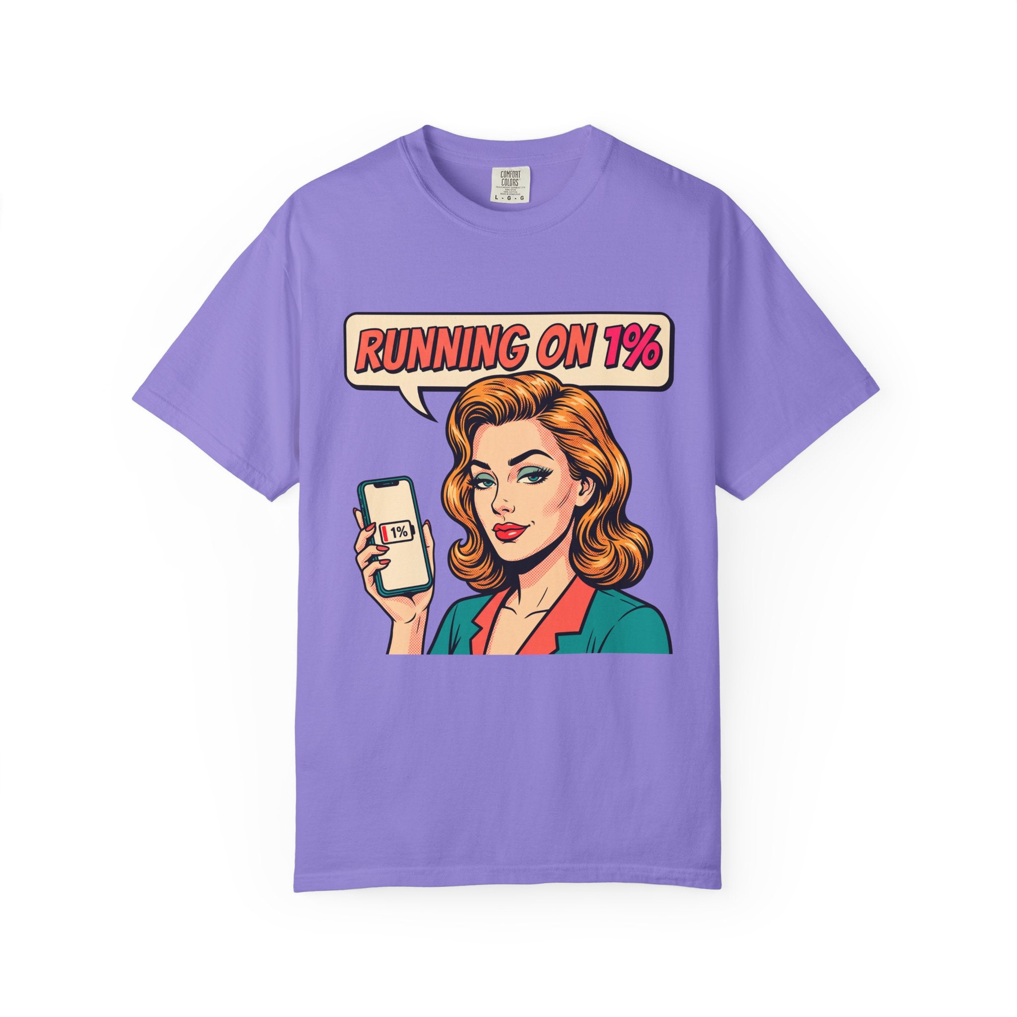 Running On 1% Retro Pop Art Woman T-Shirt | Low Battery Phone Graphic
