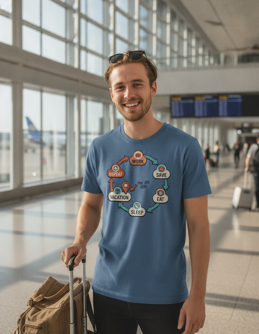 Work Save Eat Sleep Vacation Repeat Cycle T-Shirt | You Are Here Diagram