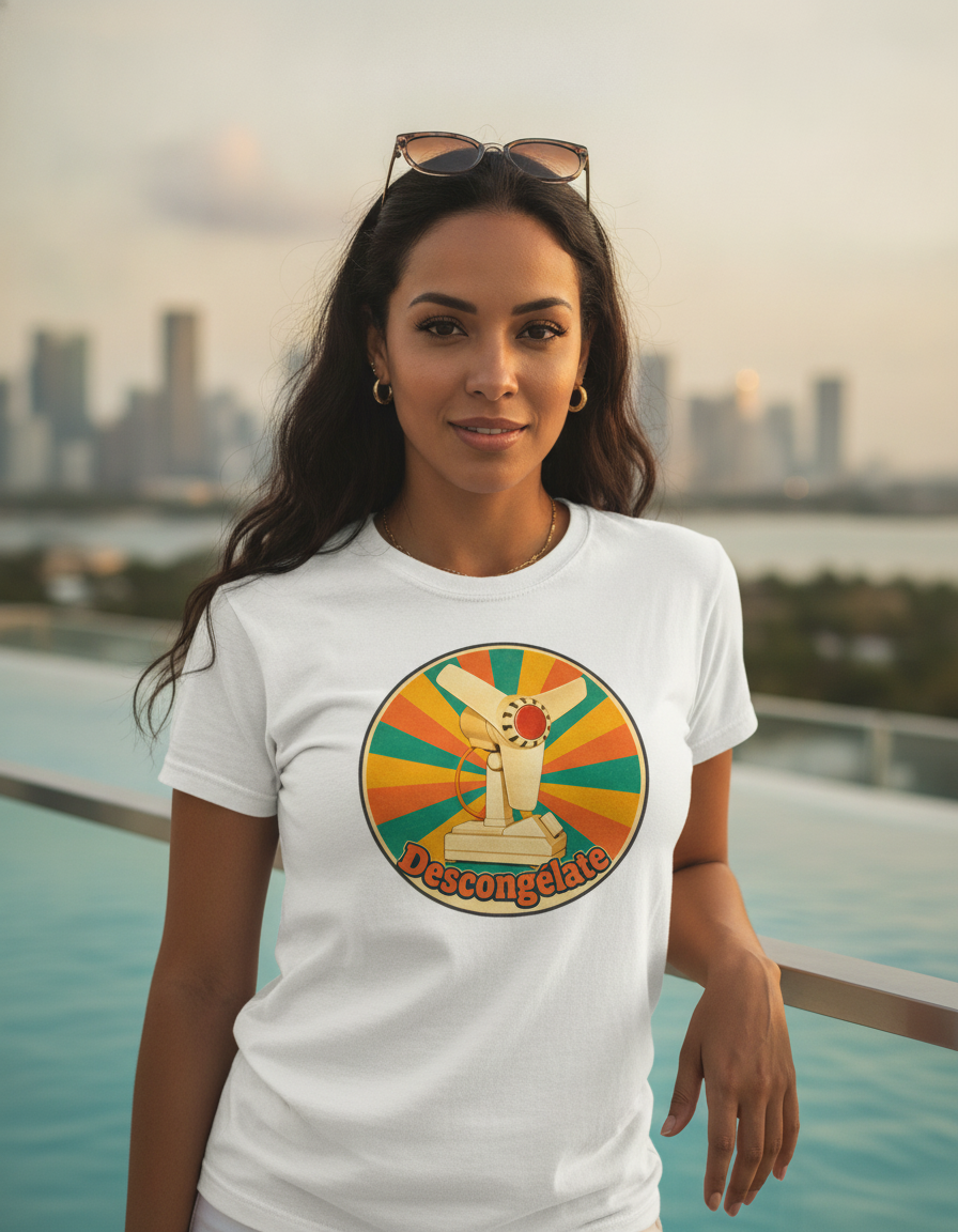 Retro Cuban Fan T-Shirt — "Descongélate" Vintage Tech Graphic Tee