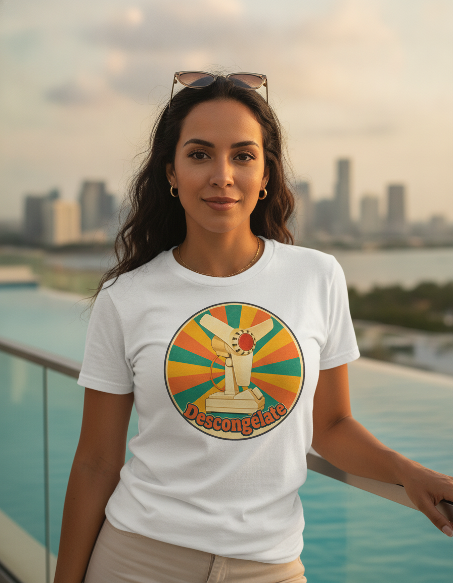Retro Cuban Fan T-Shirt — "Descongélate" Vintage Tech Graphic Tee