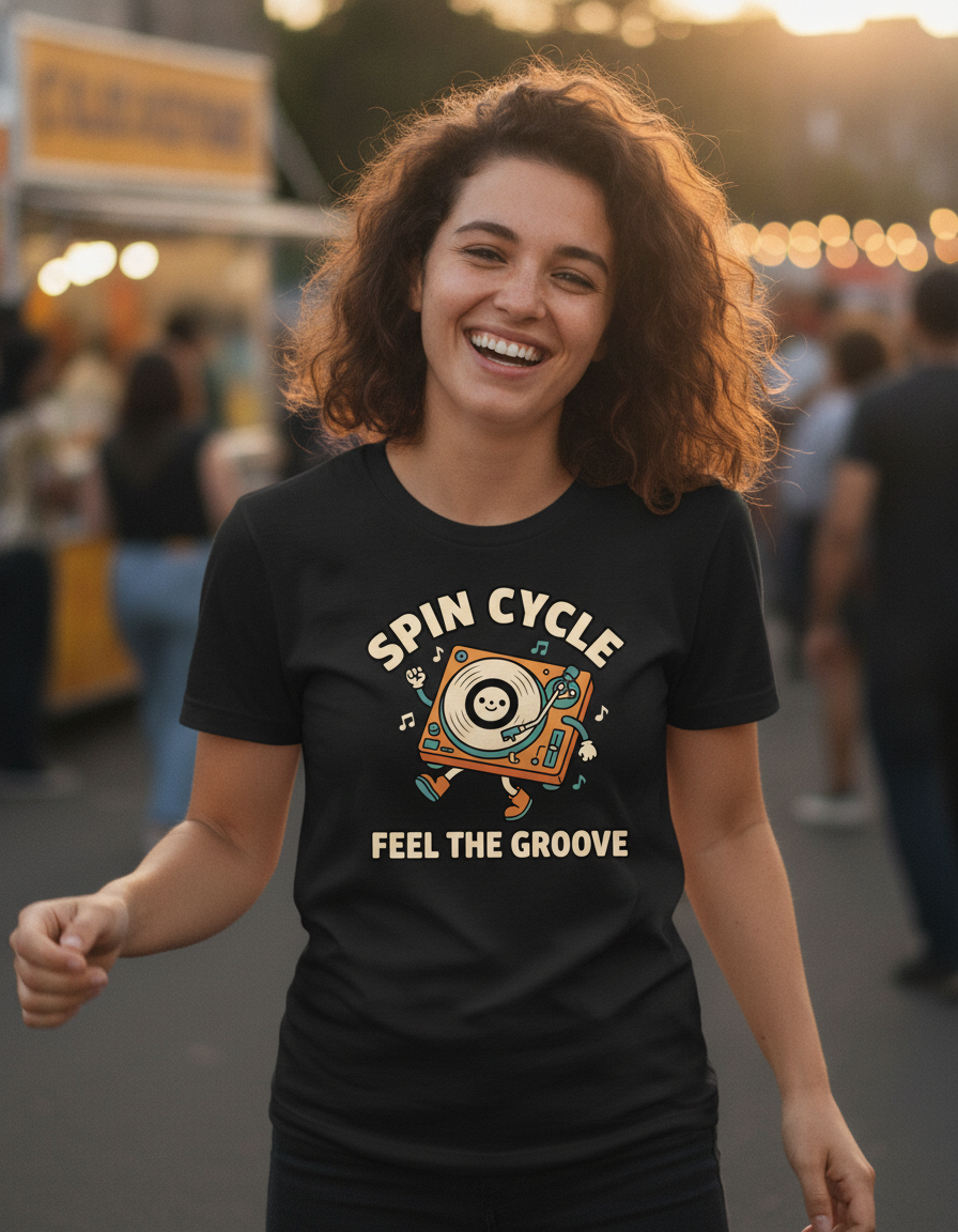 Spin Cycle Turntable T-Shirt, Retro Vinyl Record Graphic Tee, Feel The Groove Cute Mascot Shirt, DJ Music Lover Gift