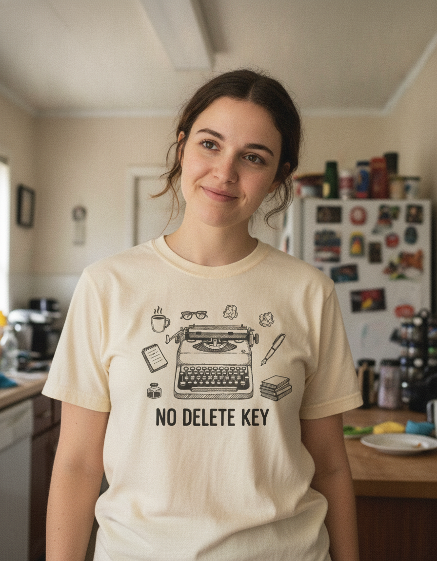 No Delete Key Typewriter T-Shirt | Writer Desk Illustration