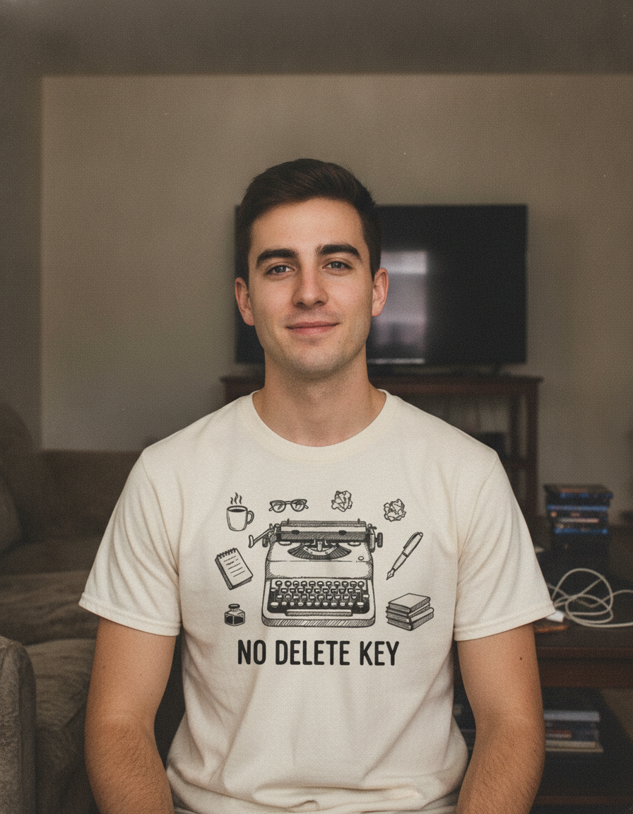 No Delete Key Typewriter T-Shirt | Writer Desk Illustration